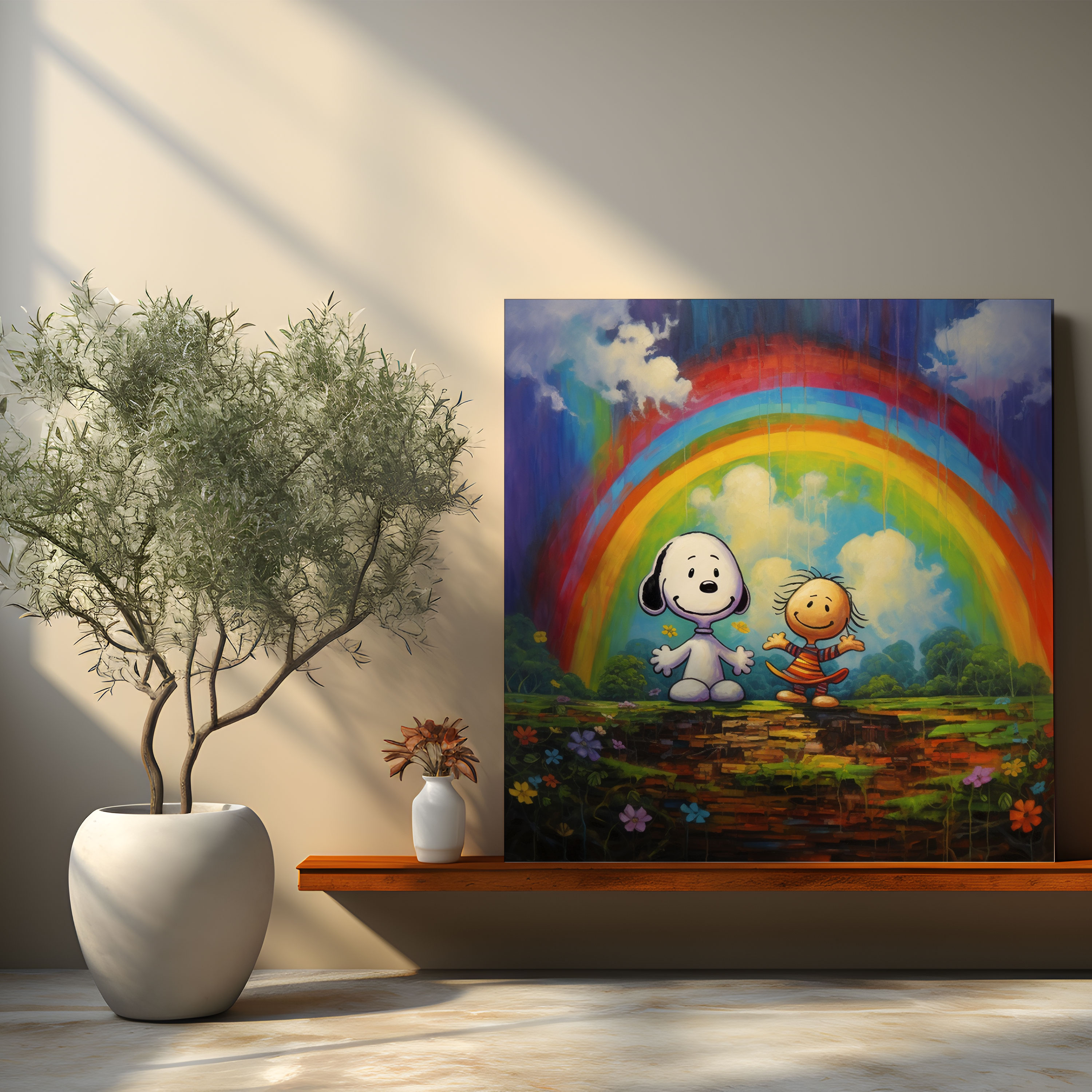 Snoopy Kanvas Tablo - Masalsı Yağlı Boya Duvar Sanatı - Snoopy Snoopy ve Charlie Brown Gökkuşağı Kanvas