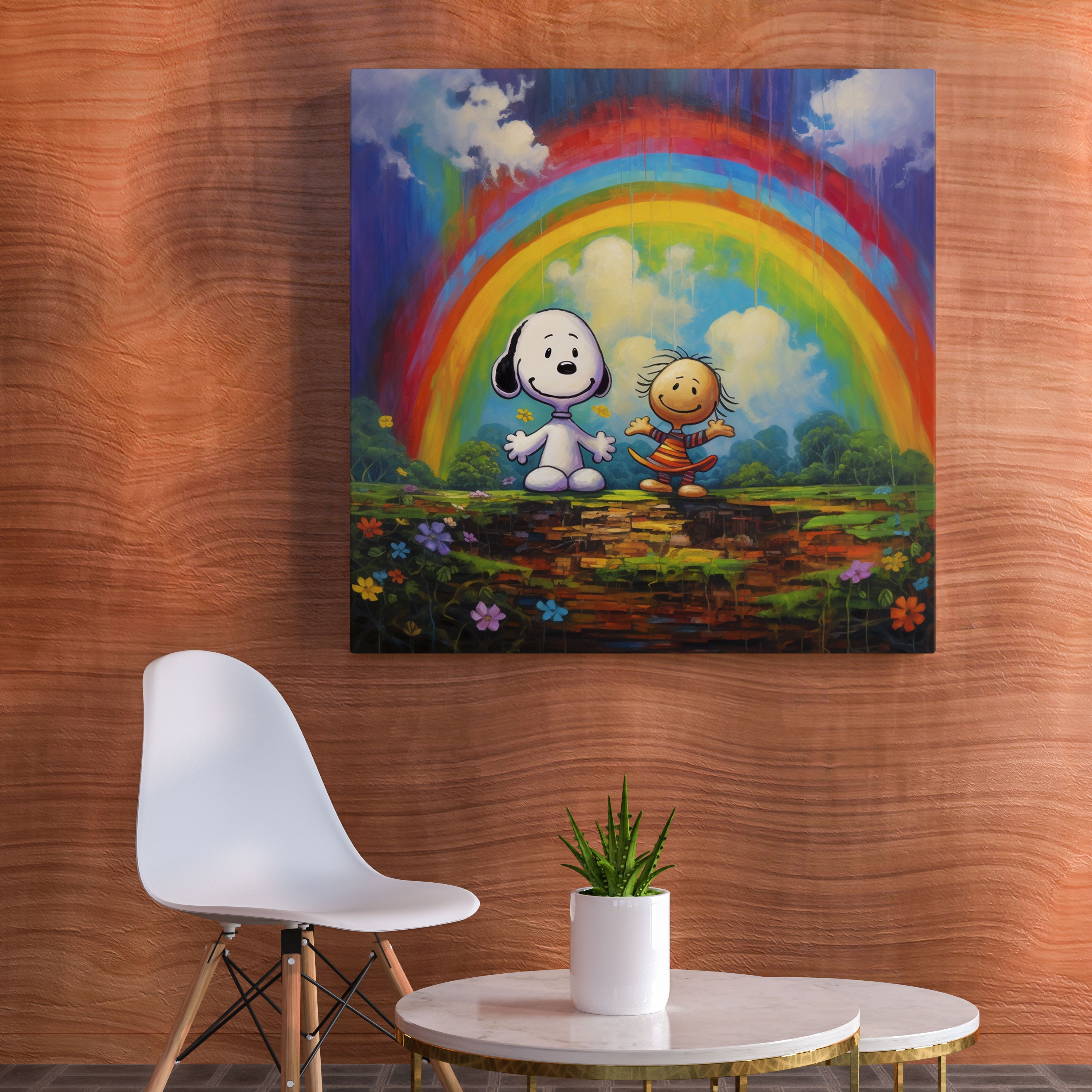 Snoopy Kanvas Tablo - Masalsı Yağlı Boya Duvar Sanatı - Snoopy Snoopy ve Charlie Brown Gökkuşağı Kanvas