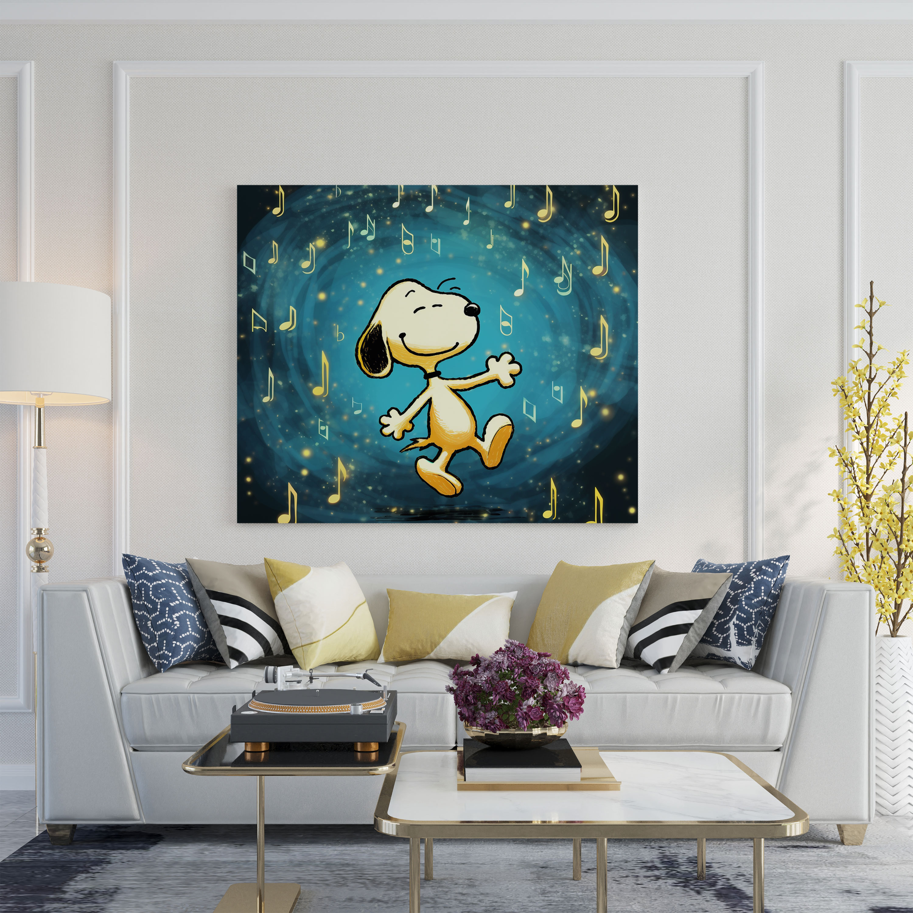 Snoopy Wall Art - Retro Comic Strip Canvas Print - Snoopy, Canvas Wall Art, Musical Note Background, Snoopy