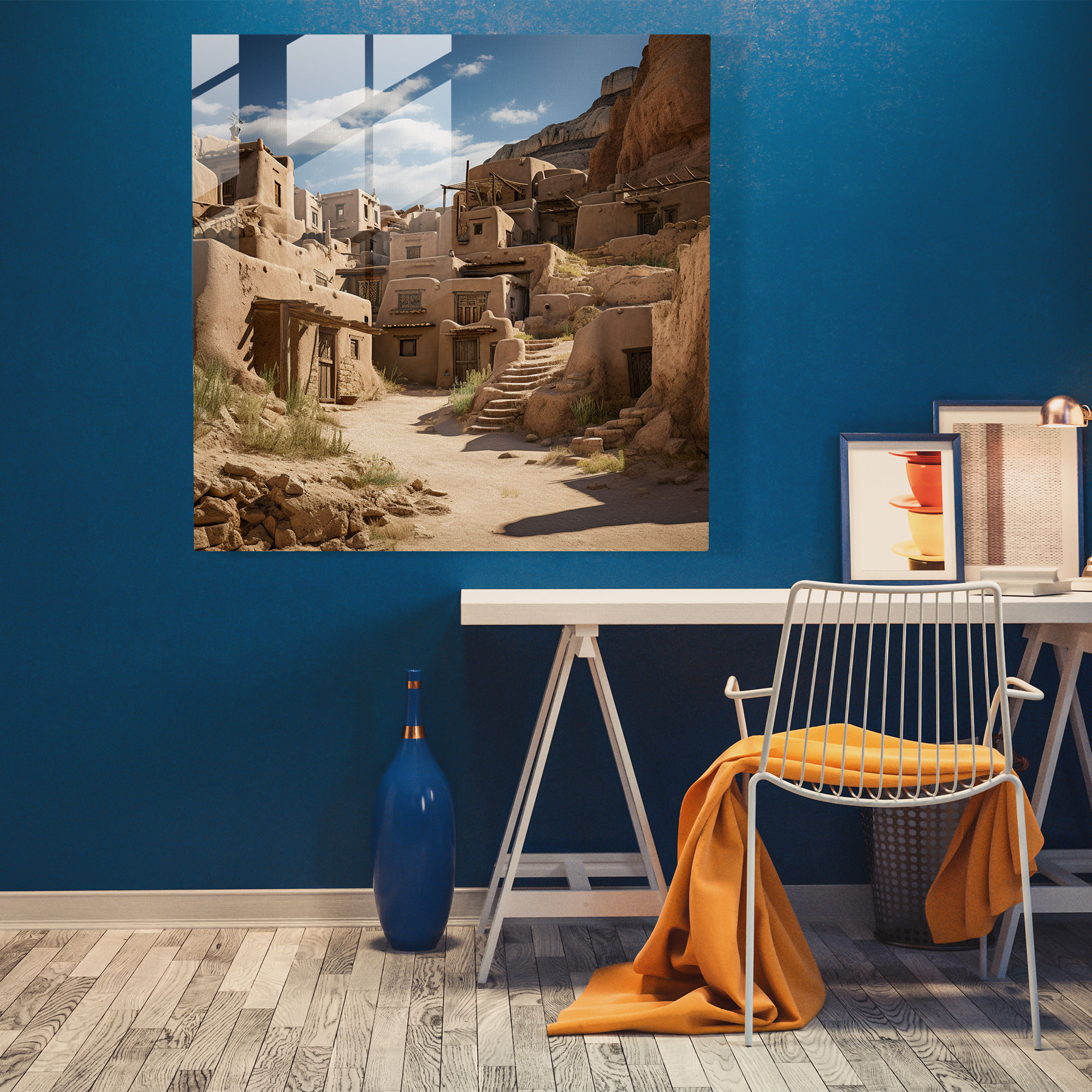 Güneybatı Pueblo Cam Tablo - Güneybatı Cazibe Engebeli Manzara Cam Duvar Sanatı