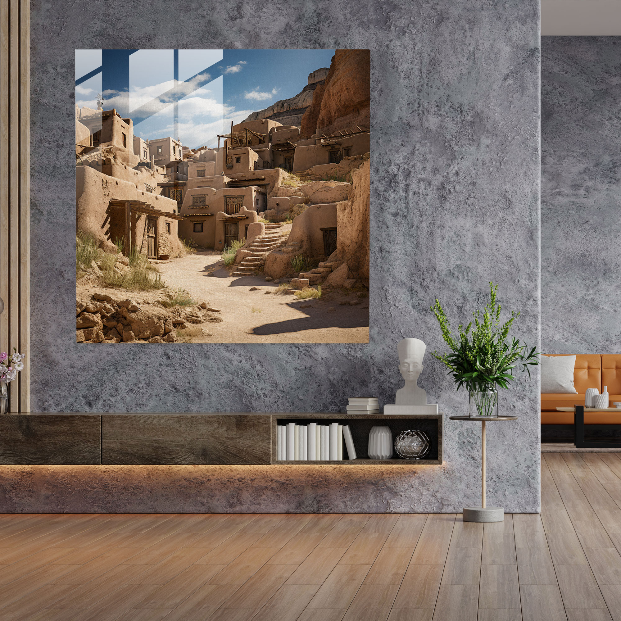 Güneybatı Pueblo Cam Tablo - Güneybatı Cazibe Engebeli Manzara Cam Duvar Sanatı