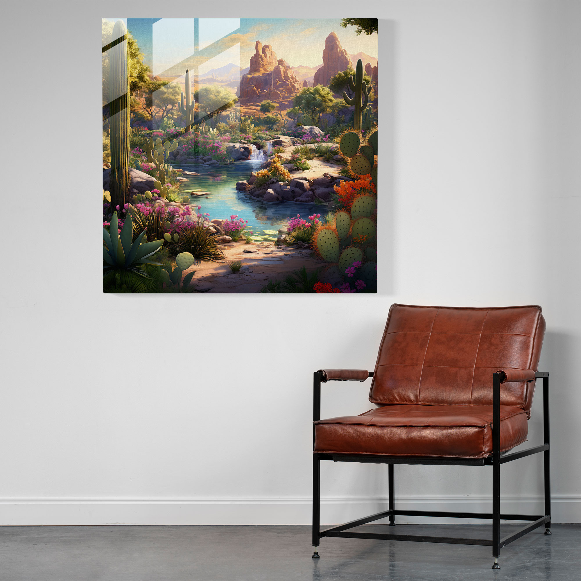 Southwest Oasis Glass Print - Southwest, Cacti, Modern Art, Southwest