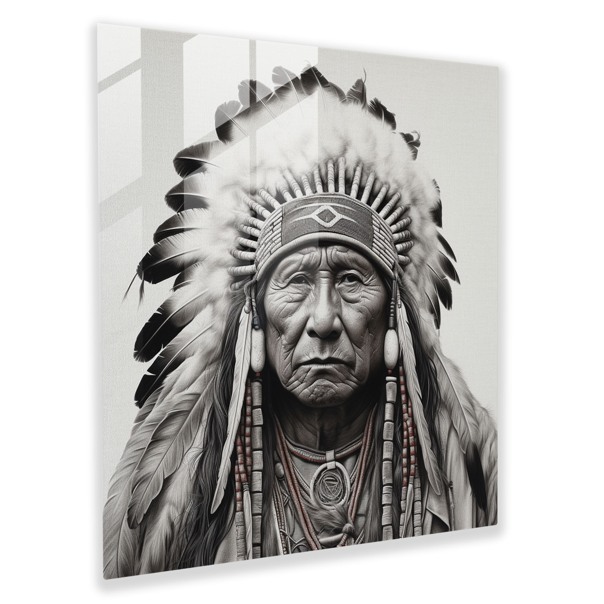 Native American Chief Glass Print - Southwest, Realistic Pencil Drawing, Wall Decoration, Glass Wall Art