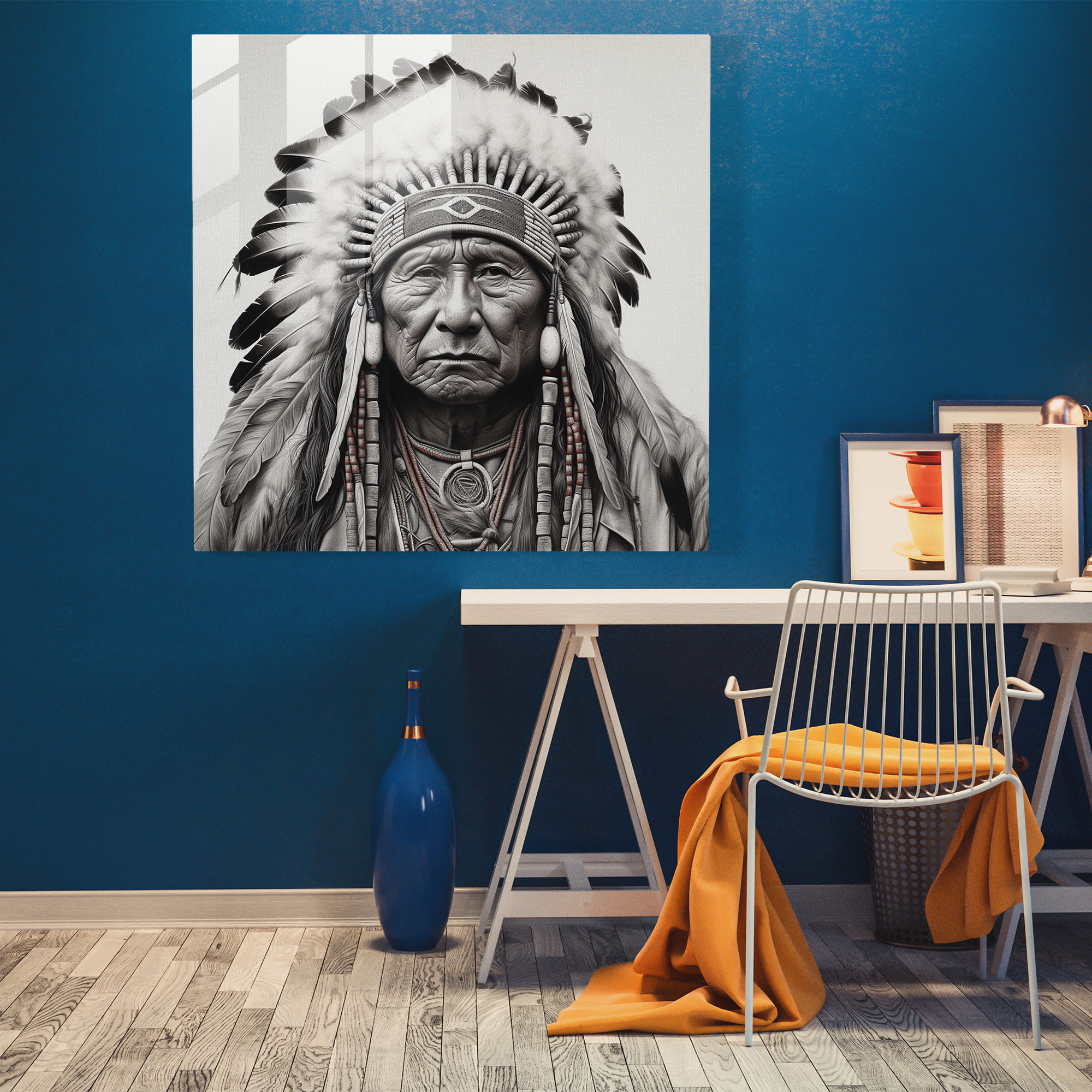 Native American Chief Glass Print - Southwest, Realistic Pencil Drawing, Wall Decoration, Glass Wall Art