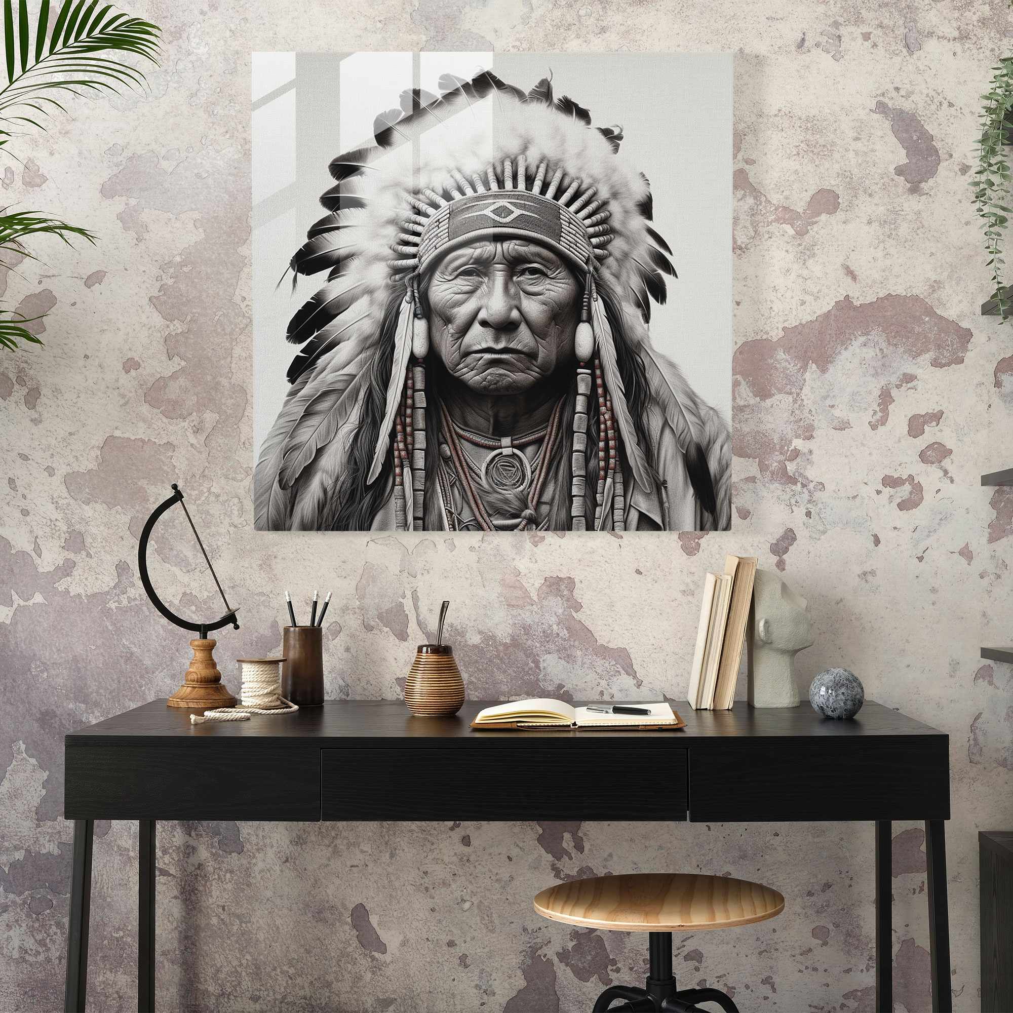 Native American Chief Glass Print - Southwest, Realistic Pencil Drawing, Wall Decoration, Glass Wall Art