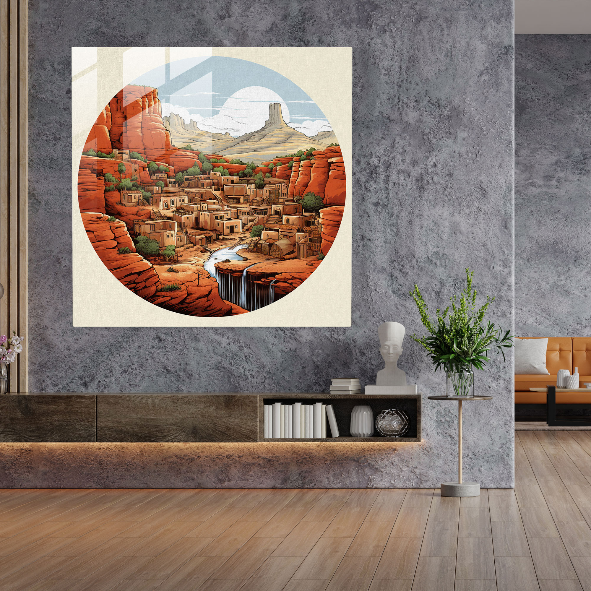 Güneybatı Pueblo Cam Tablo - Güneybatı Kırmızı Kaya Cam Duvar Sanatı Cam Sanatı