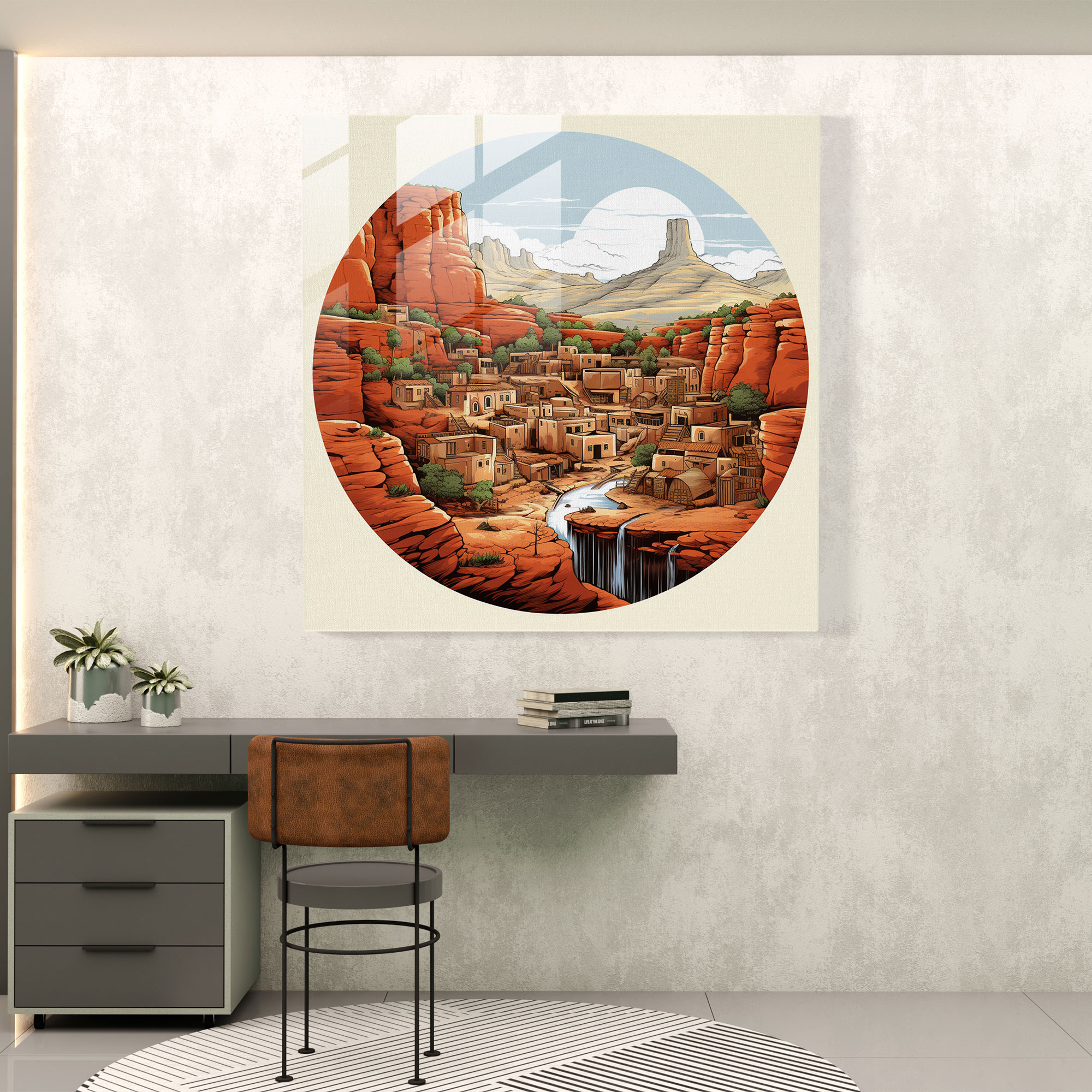 Güneybatı Pueblo Cam Tablo - Güneybatı Kırmızı Kaya Cam Duvar Sanatı Cam Sanatı