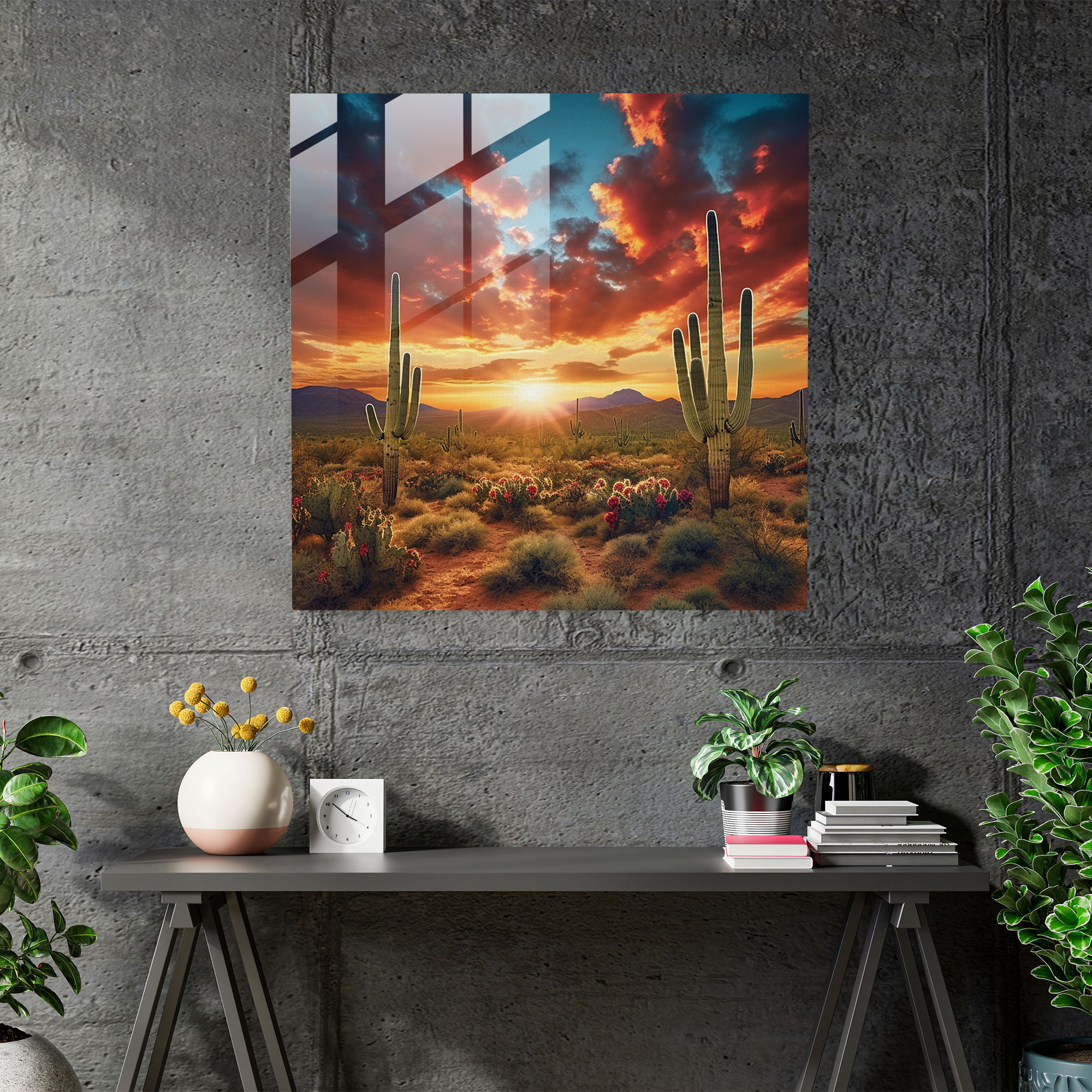 Güneybatı Saguaro Cam Tablosu - Güneybatı Günbatımı Gökyüzü Saguaro Kaktüsleri Cam Sanatı