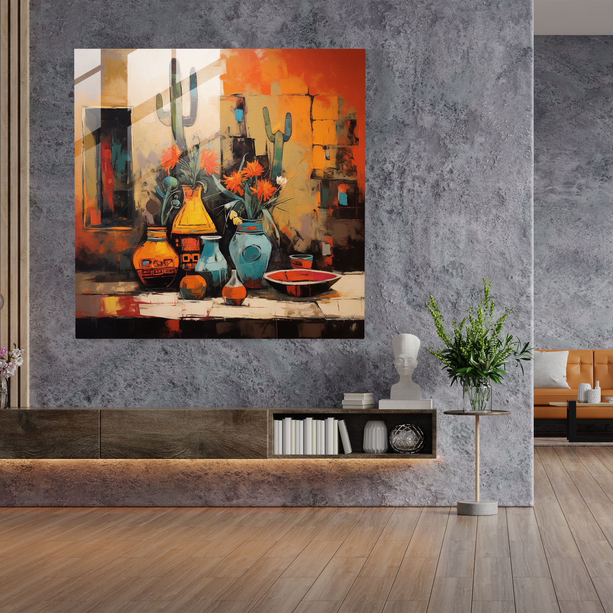 Southwest Pottery Fusion Glass Print - Southwest, Home Decoration, Abstract Oil Painting, Southwest Pottery Fusion Glass Print
