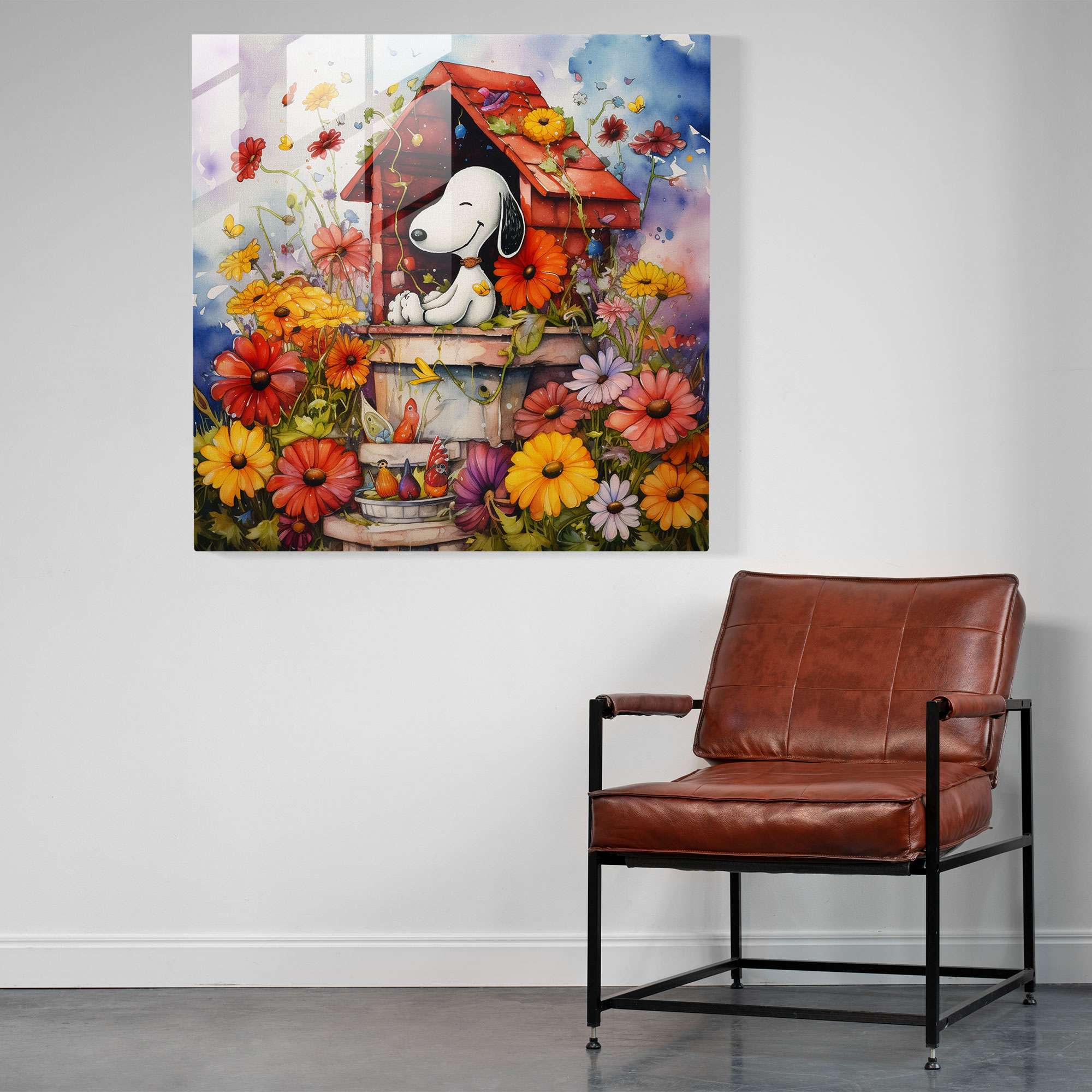 Watercolor Snoopy Glass Print - Snoopy, Home Decoration, Butterflies, Modern Art