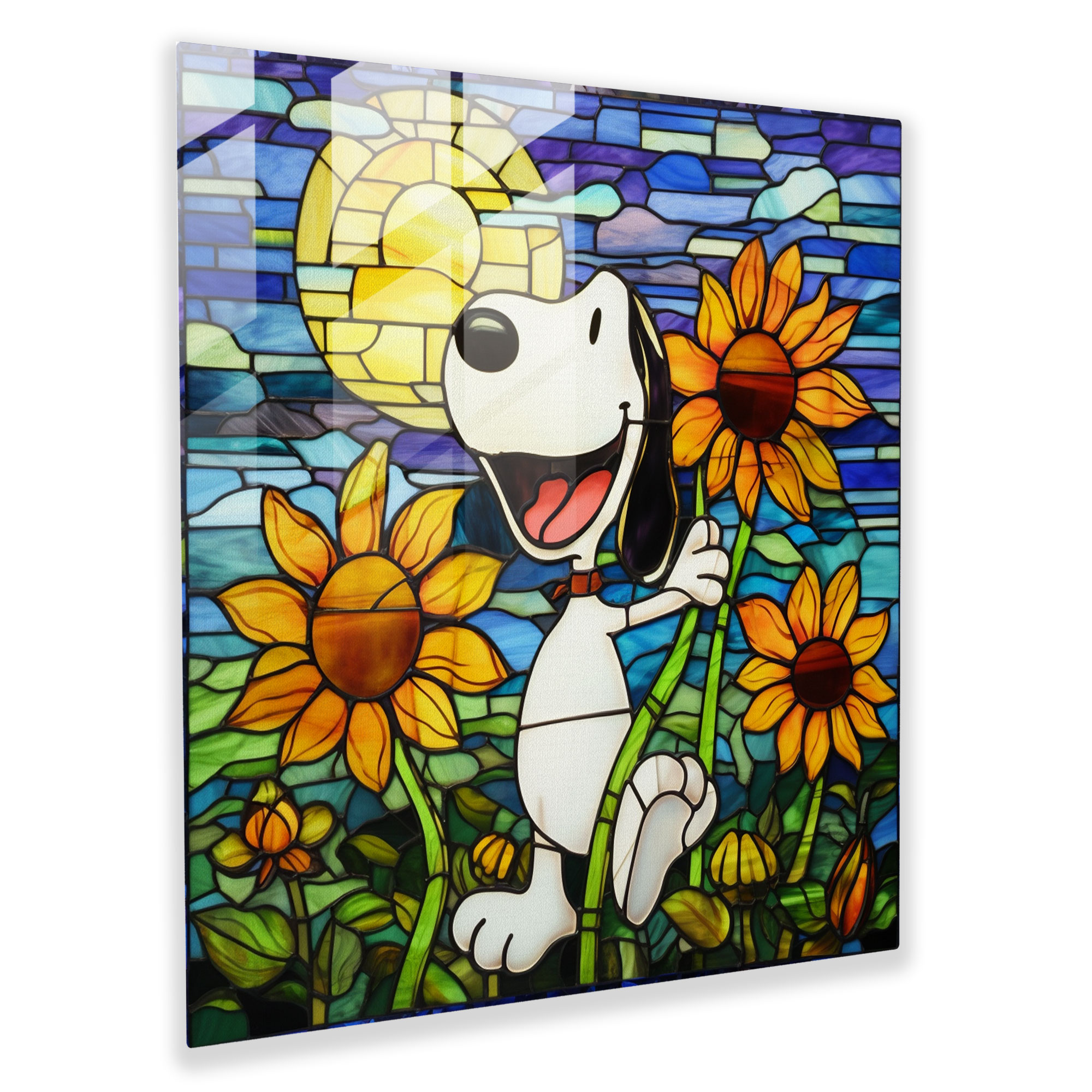 Stained Glass Snoopy Glass Print - Snoopy, Stained Glass Illustration, Glass Wall Art, Snoopy