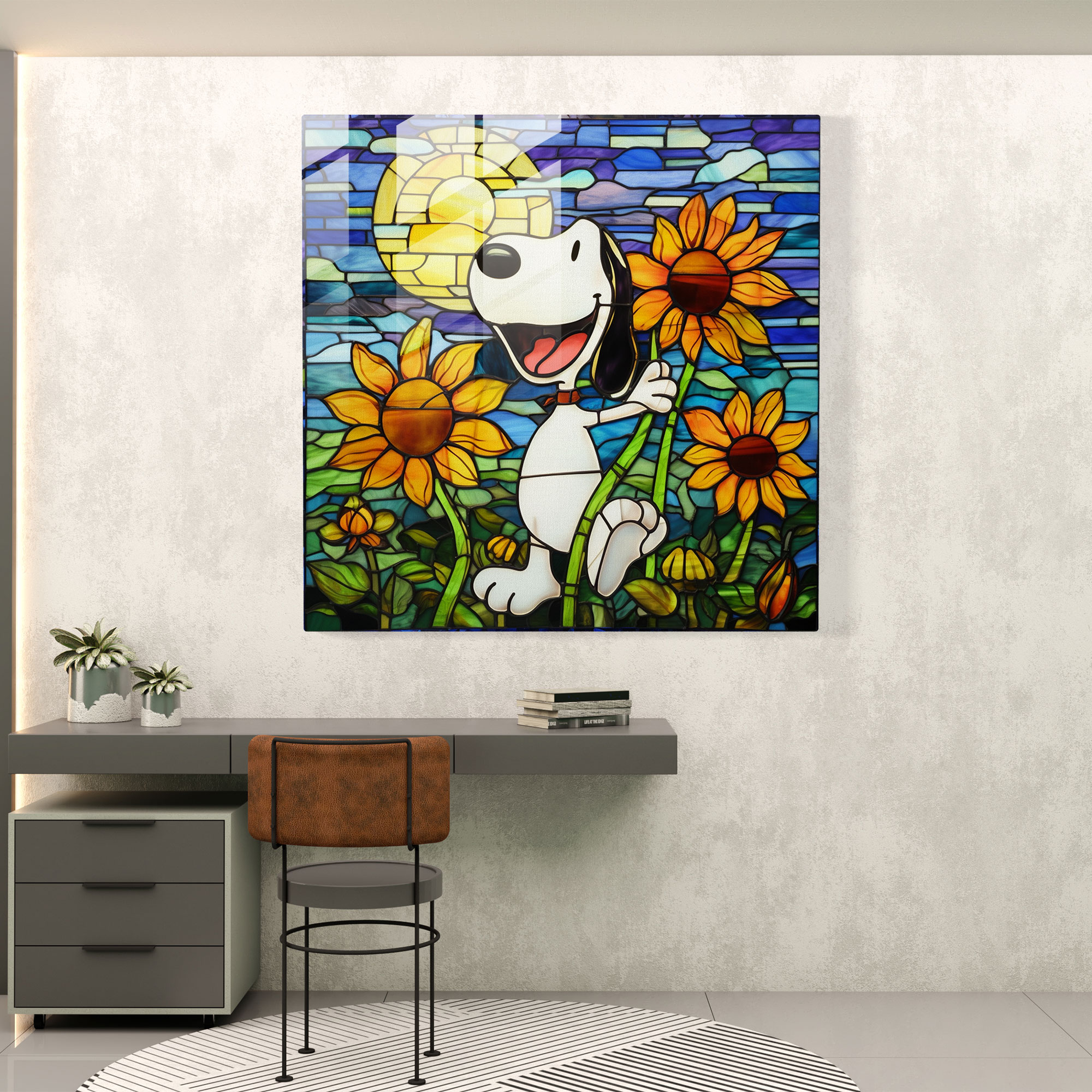 Stained Glass Snoopy Glass Print - Snoopy, Stained Glass Illustration, Glass Wall Art, Snoopy