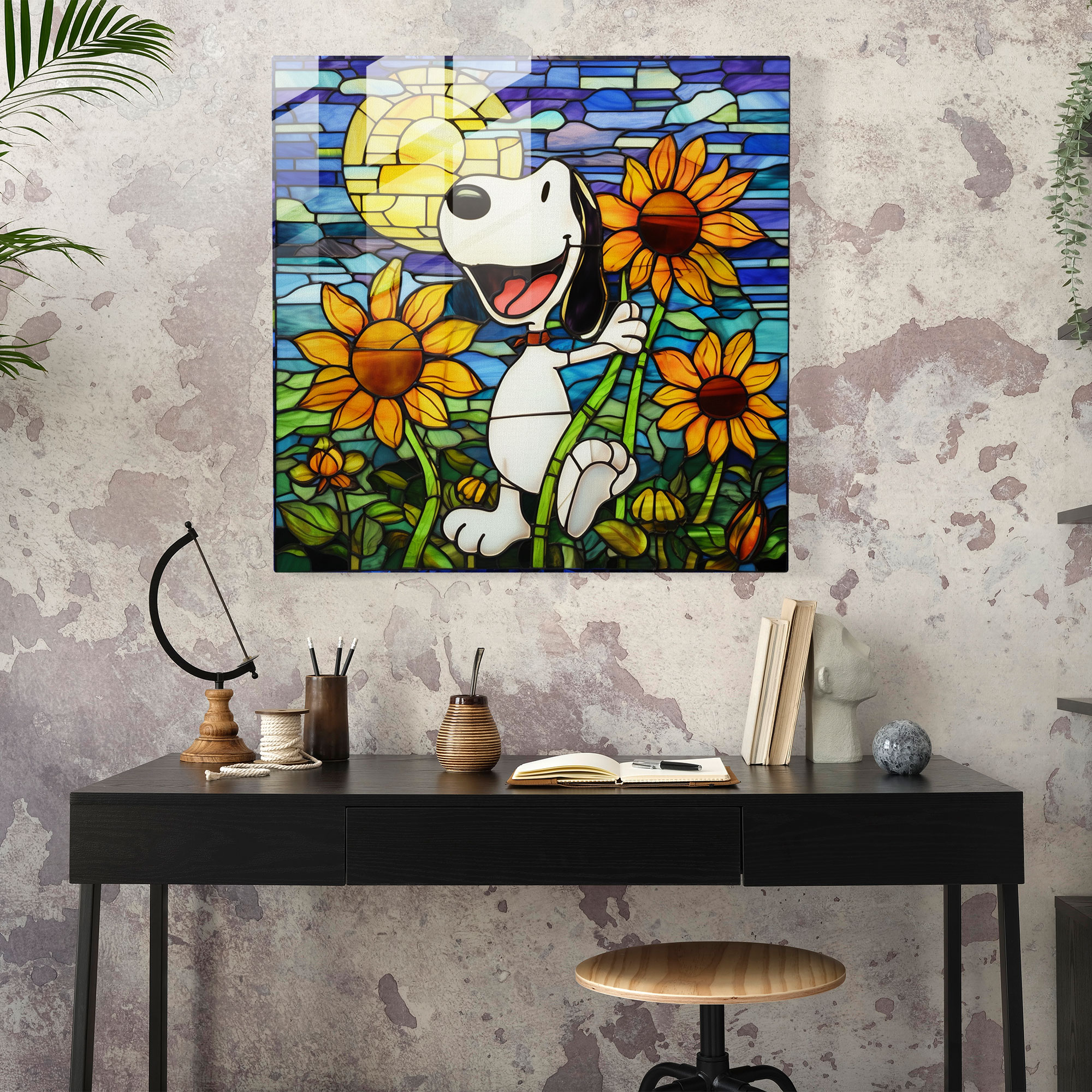 Stained Glass Snoopy Glass Print - Snoopy, Stained Glass Illustration, Glass Wall Art, Snoopy
