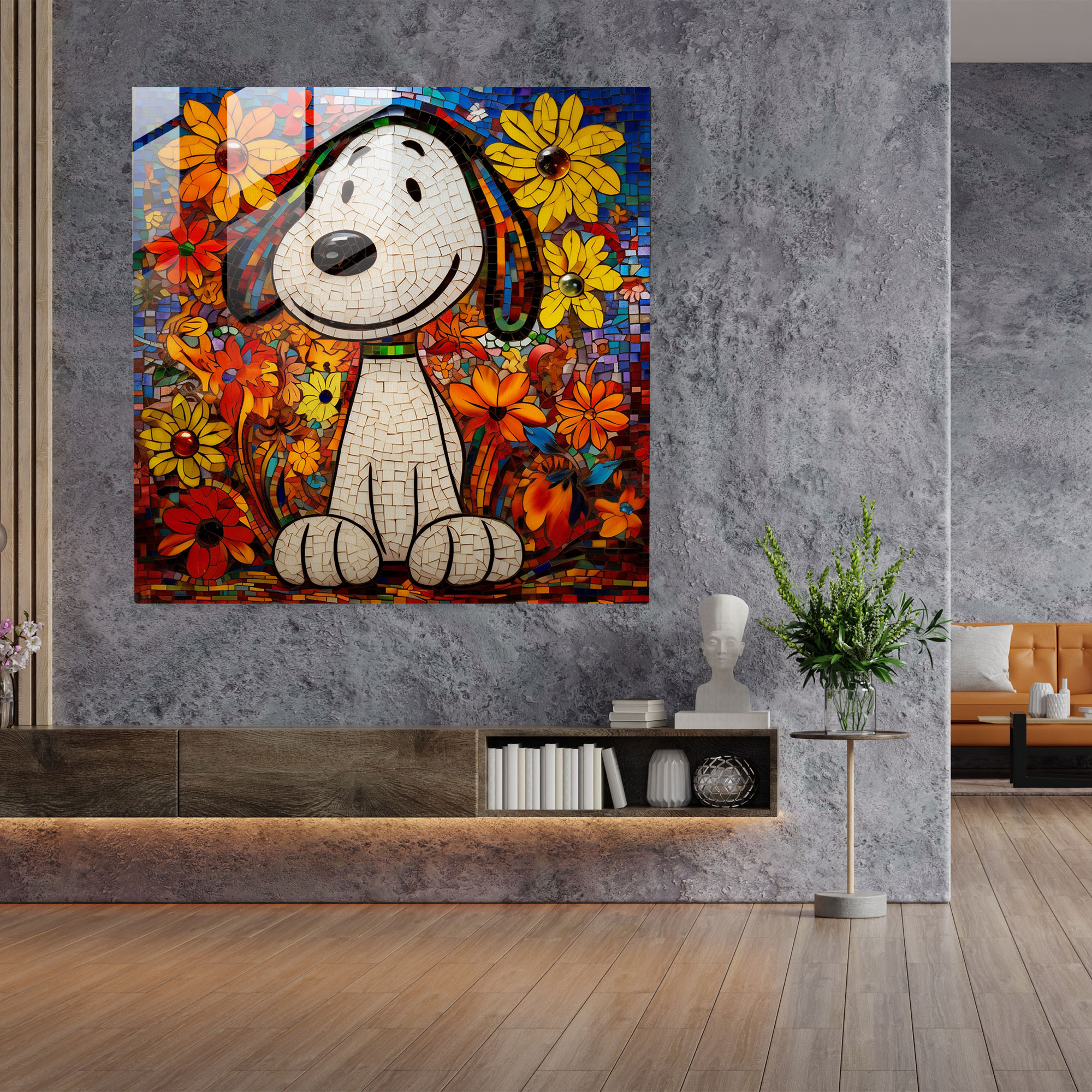 Mosaic Snoopy Glass Print - Snoopy, Modern Art, Intricate Glass Pieces, Wall Decoration