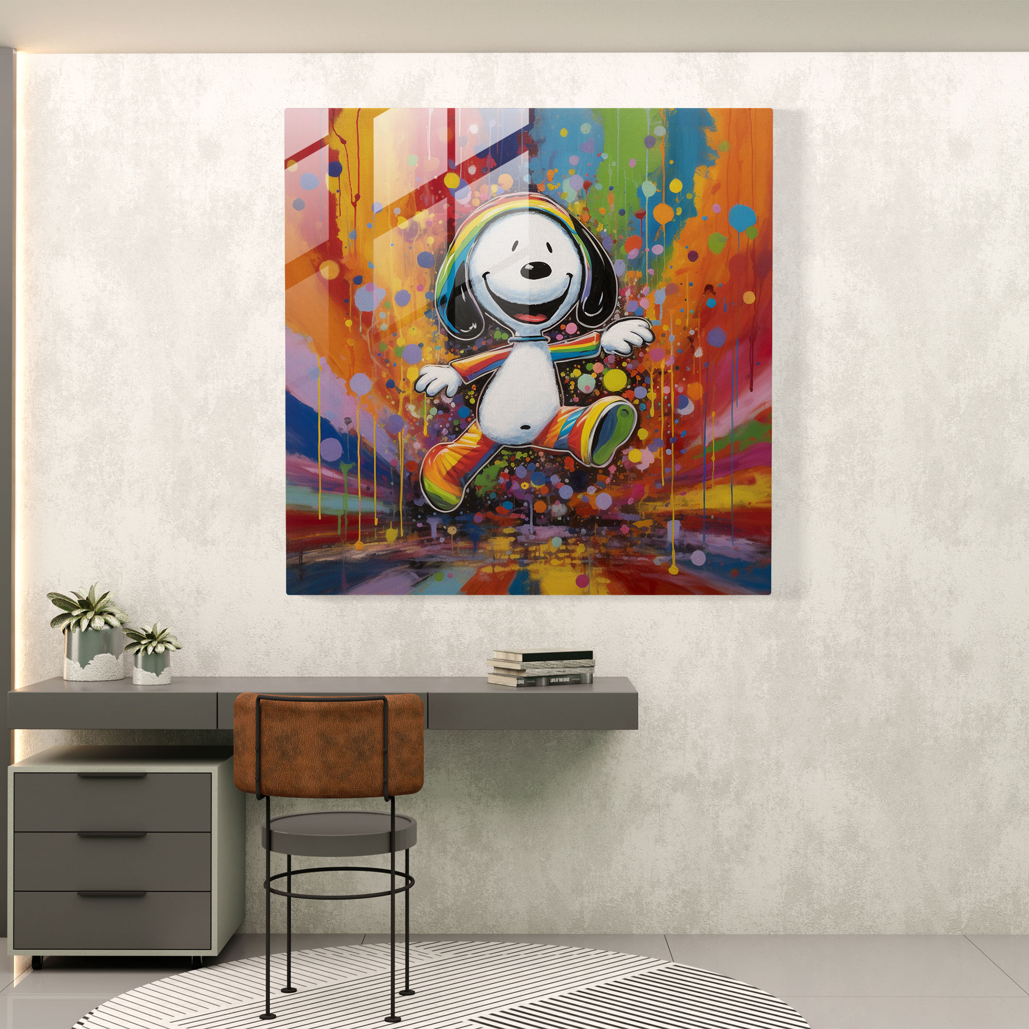 Retro Snoopy Glass Print - Snoopy, Glass Art, Home Decoration, Colorful Artwork