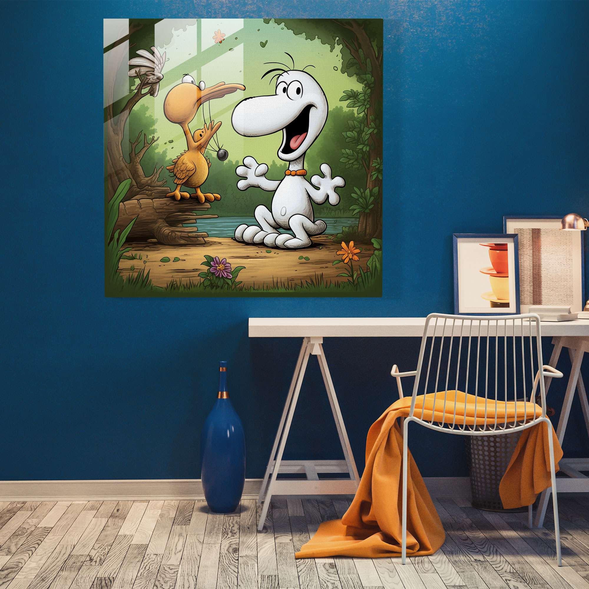 Playful Snoopy Glass Print - Snoopy, Wall Decoration, Snoopy And Woodstock, Cartoon-Style Illustration
