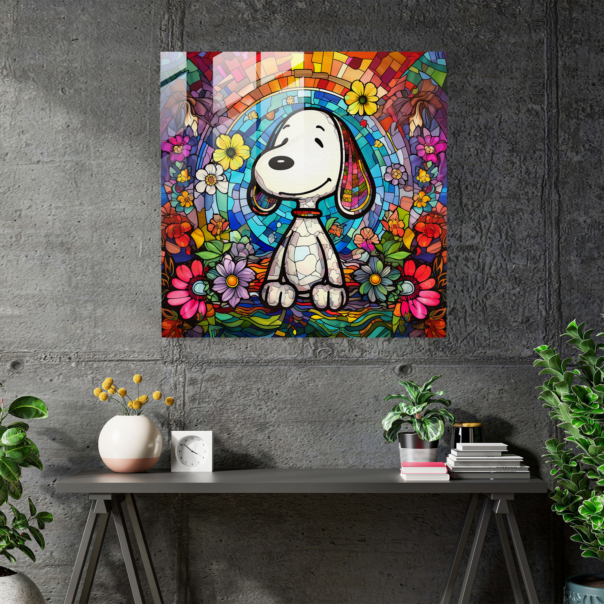 Stained Glass Snoopy Glass Print - Snoopy, Wall Decoration, Glass Art, Glass Wall Art