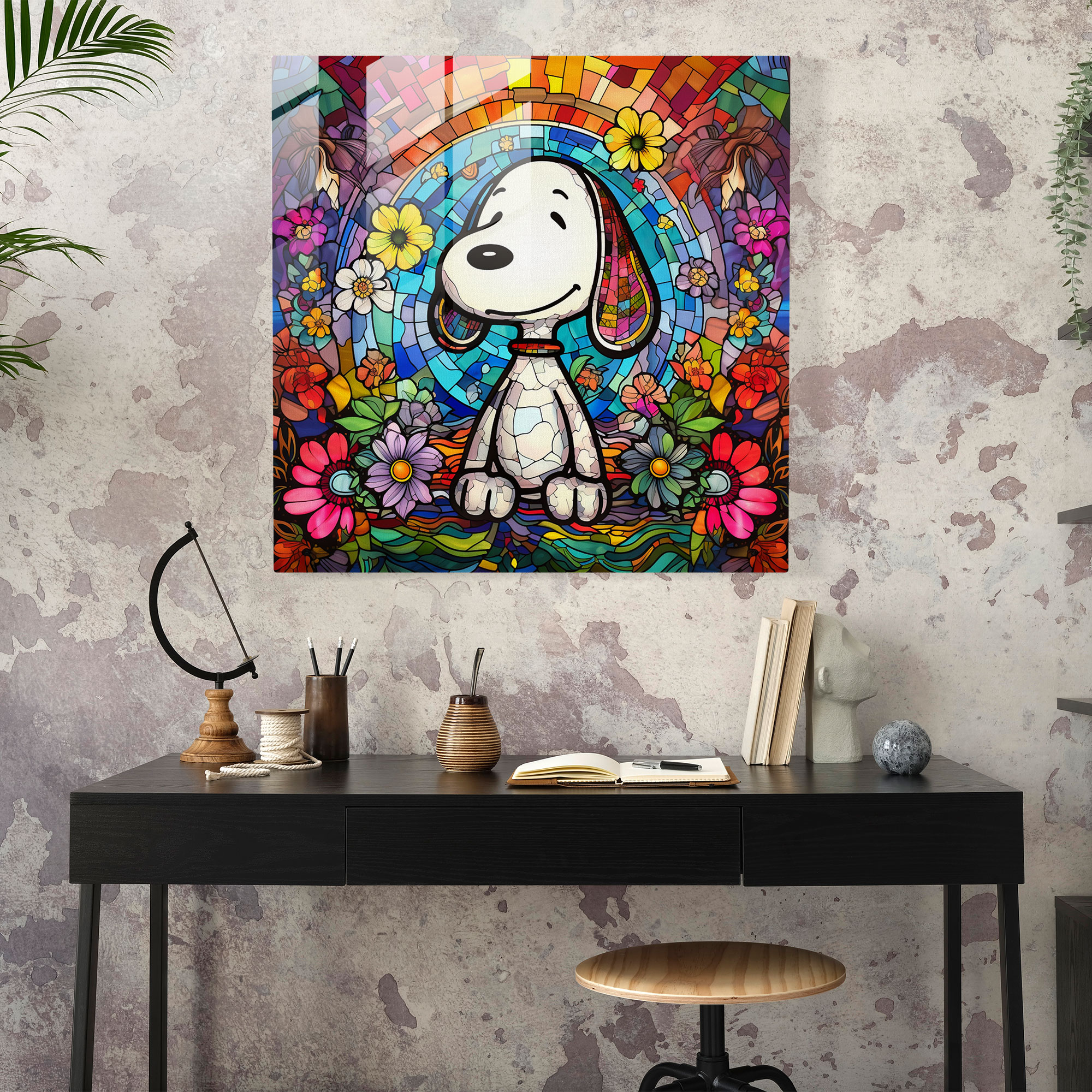 Stained Glass Snoopy Glass Print - Snoopy, Wall Decoration, Glass Art, Glass Wall Art