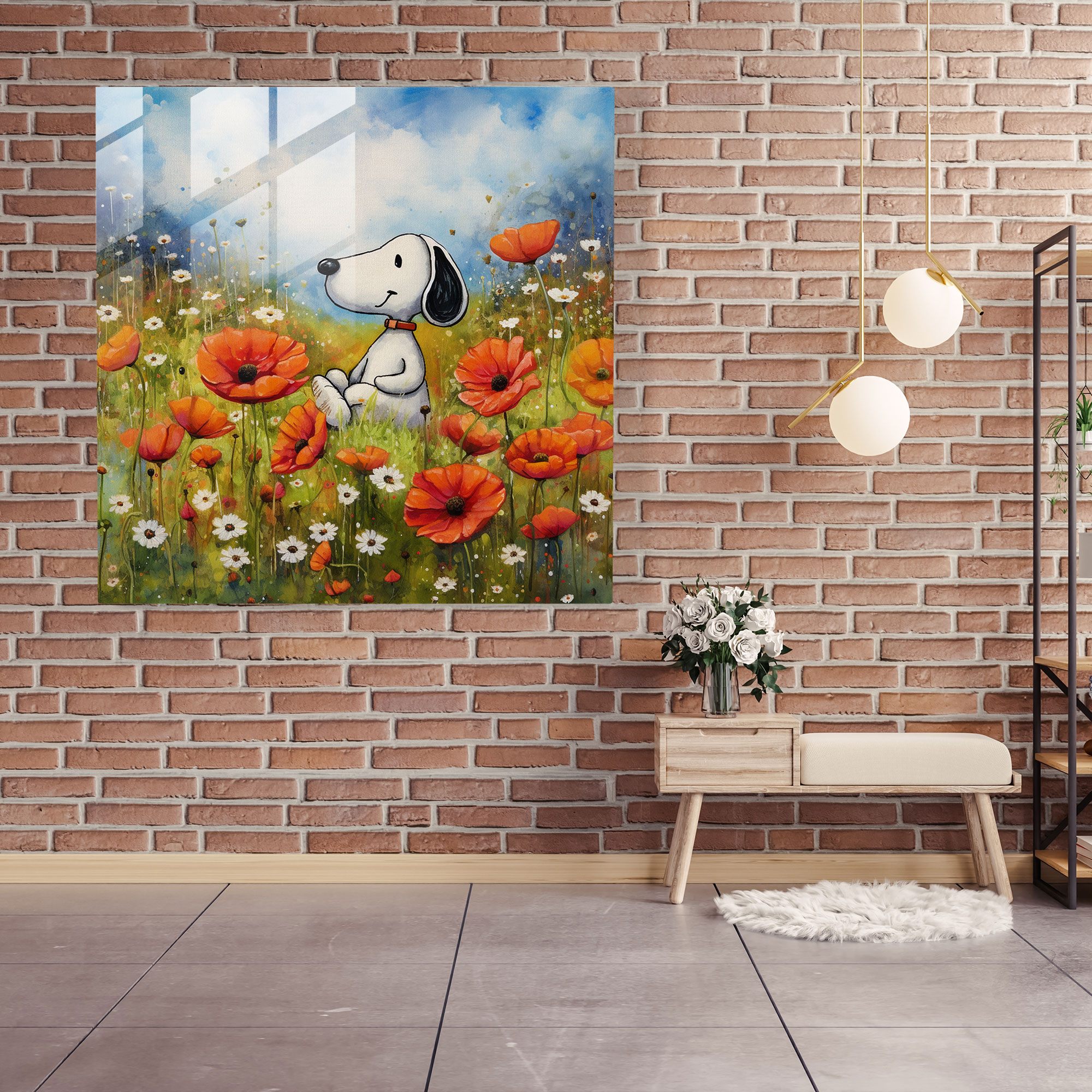 Watercolor Snoopy Glass Print - Snoopy, Wall Decoration, Whimsical, Home Decoration