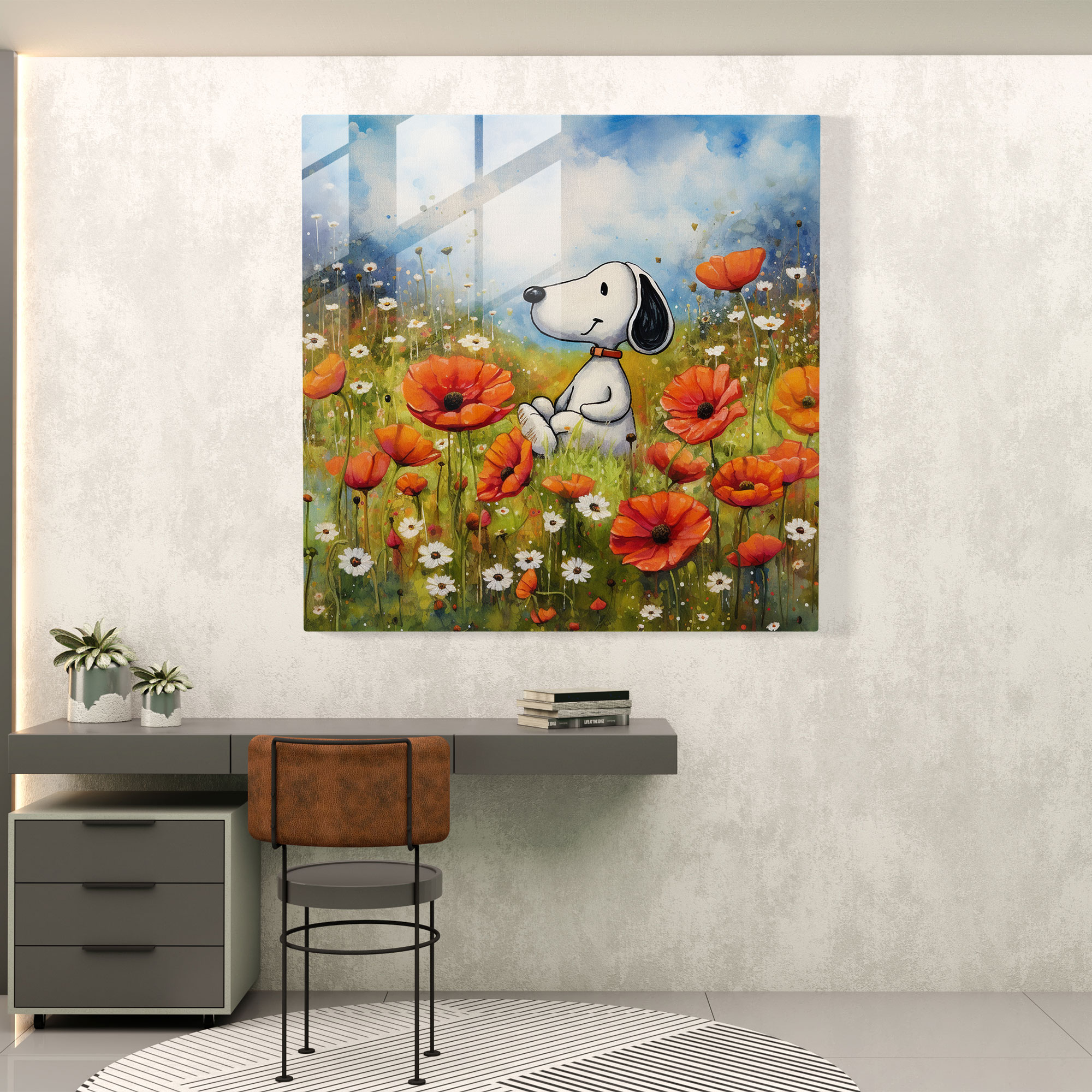 Watercolor Snoopy Glass Print - Snoopy, Wall Decoration, Whimsical, Home Decoration