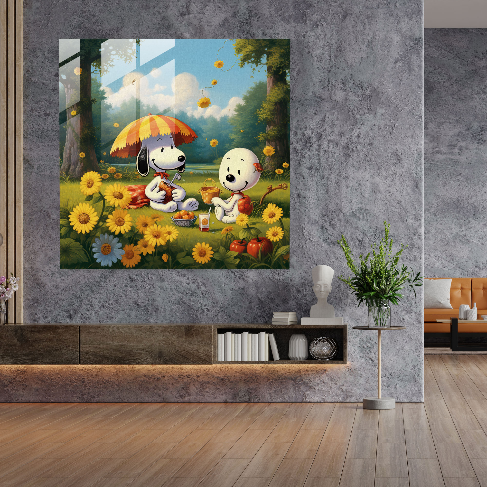Snoopy Mizahi Karikatür Cam Tablo - Duvar Dekorasyonu Piknik Cam Duvar Sanatı