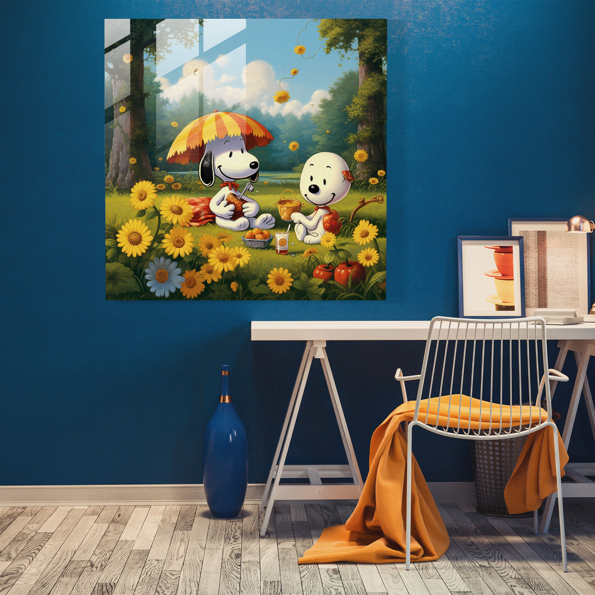 Snoopy Mizahi Karikatür Cam Tablo - Duvar Dekorasyonu Piknik Cam Duvar Sanatı