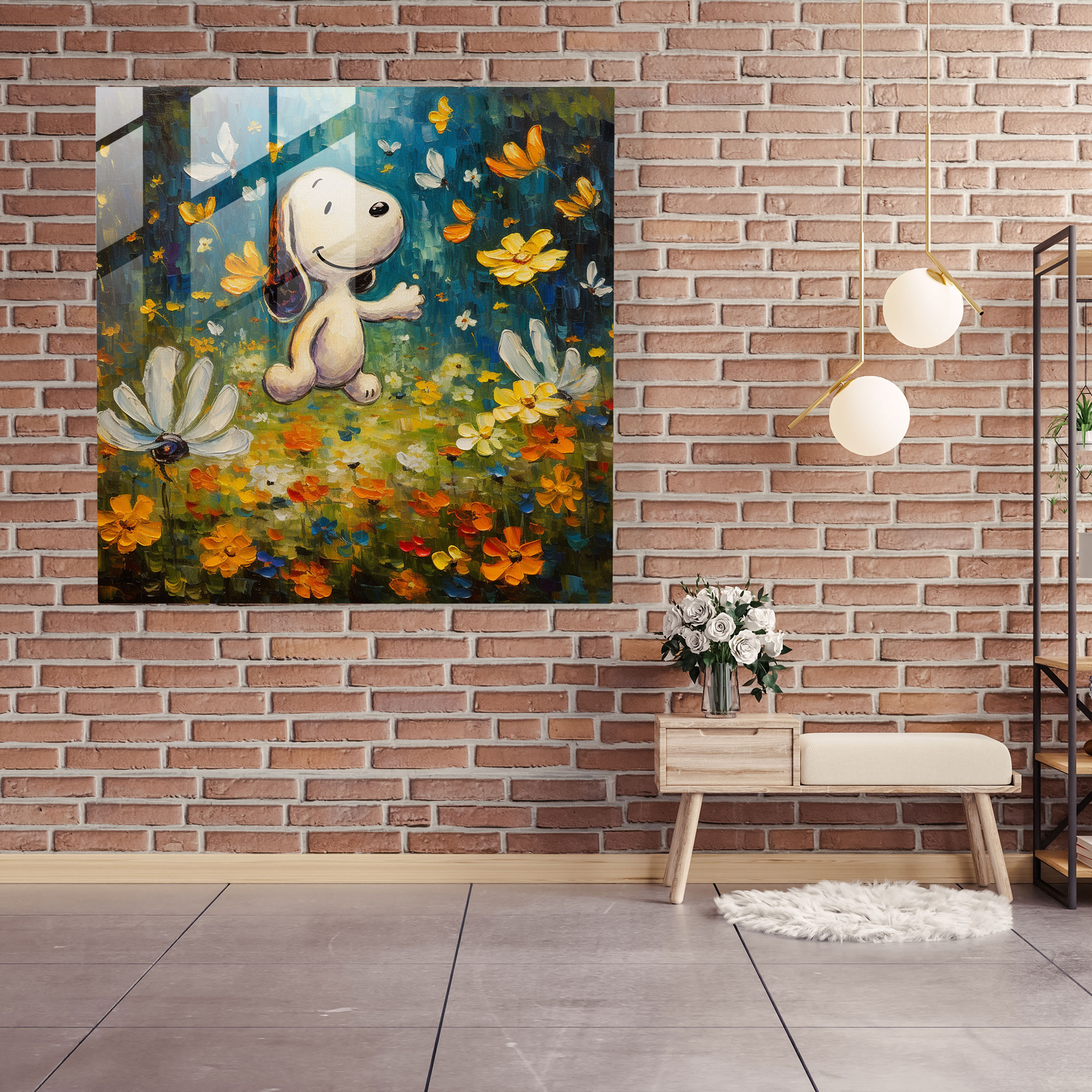 Snoopy Impressionist Glass Print - Snoopy, Chasing Butterflies, Glass Wall Art, Blossoming Garden
