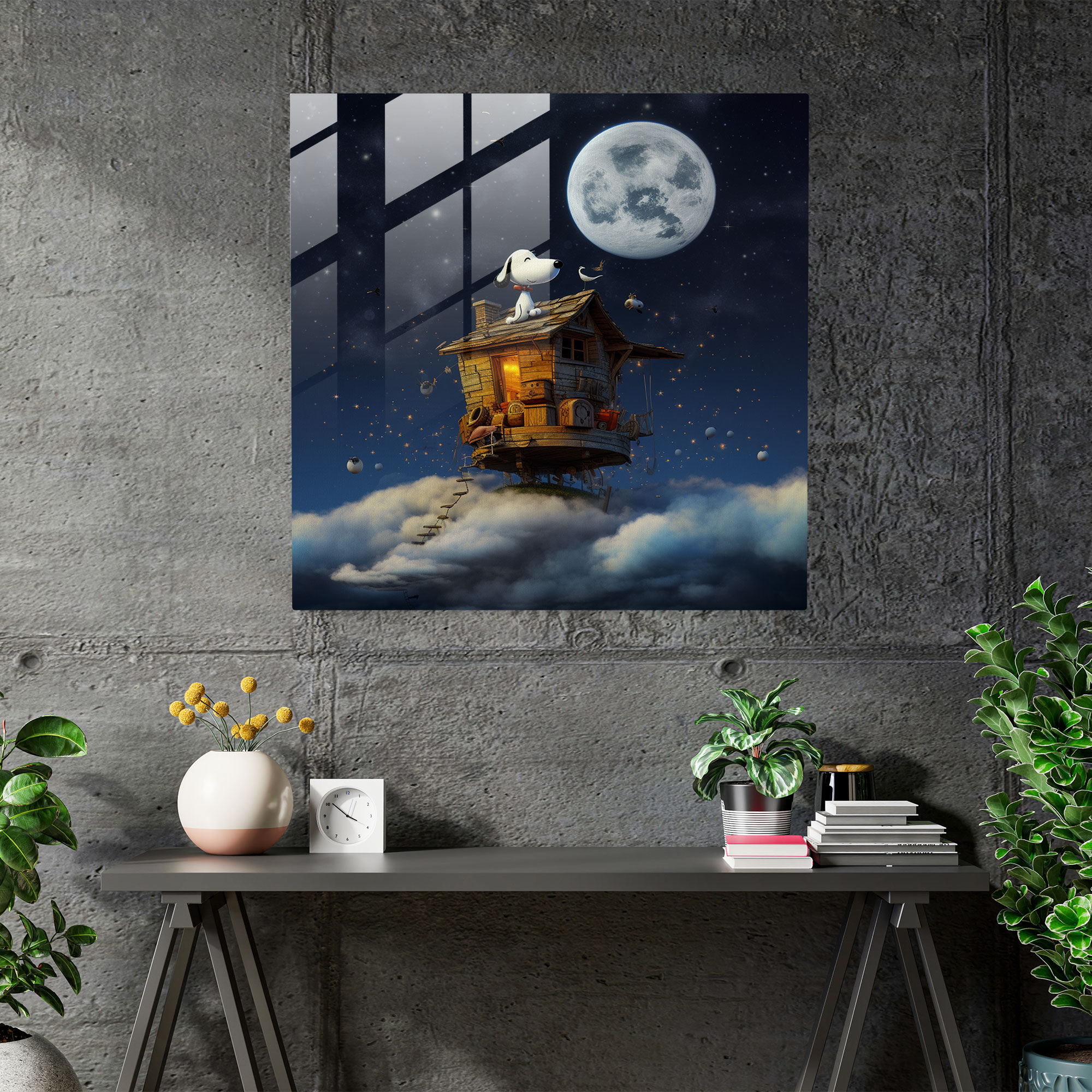 Snoopy Surreal Dream Glass Print - Snoopy, Modern Art, Glass Art, Snoopy