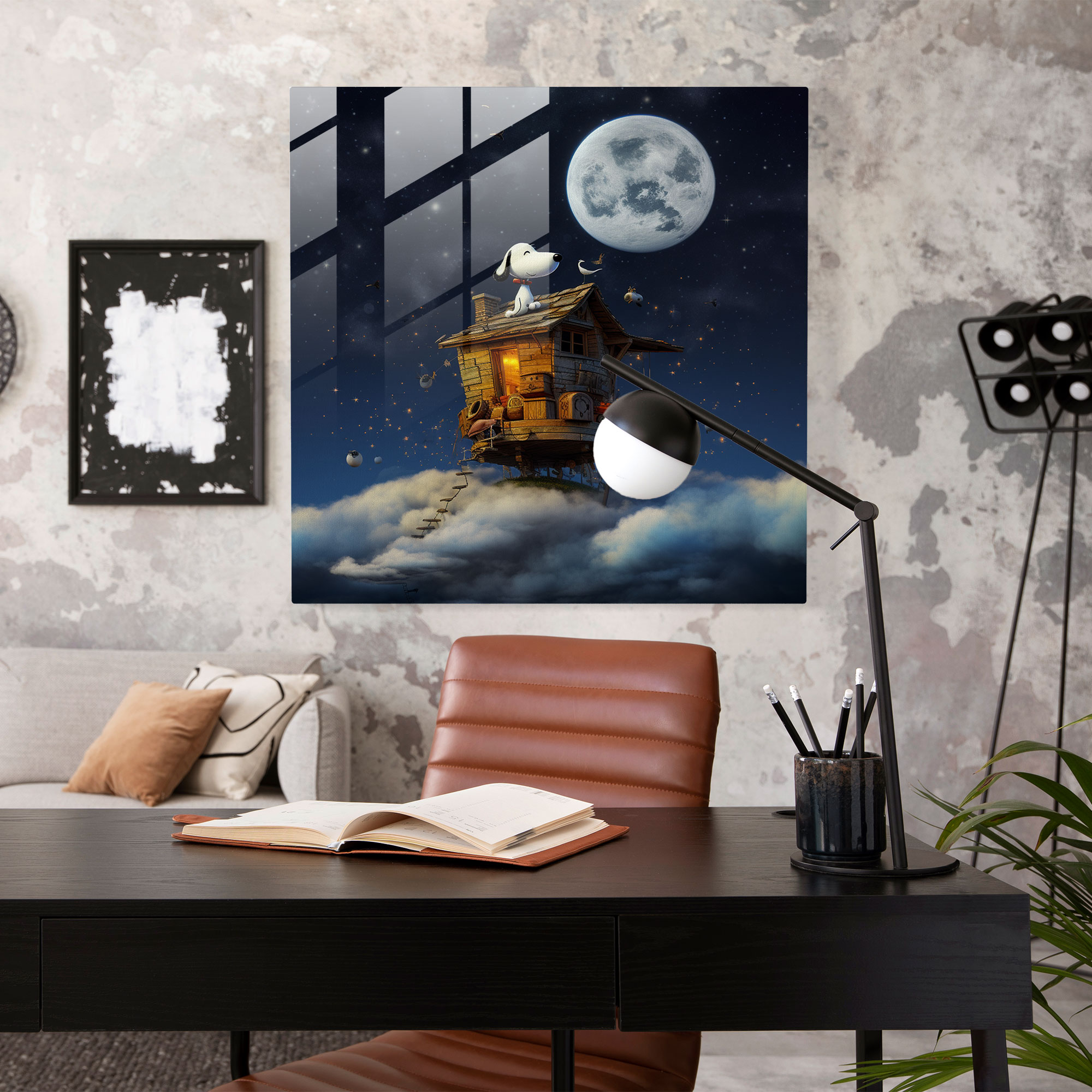 Snoopy Surreal Dream Glass Print - Snoopy, Modern Art, Glass Art, Snoopy