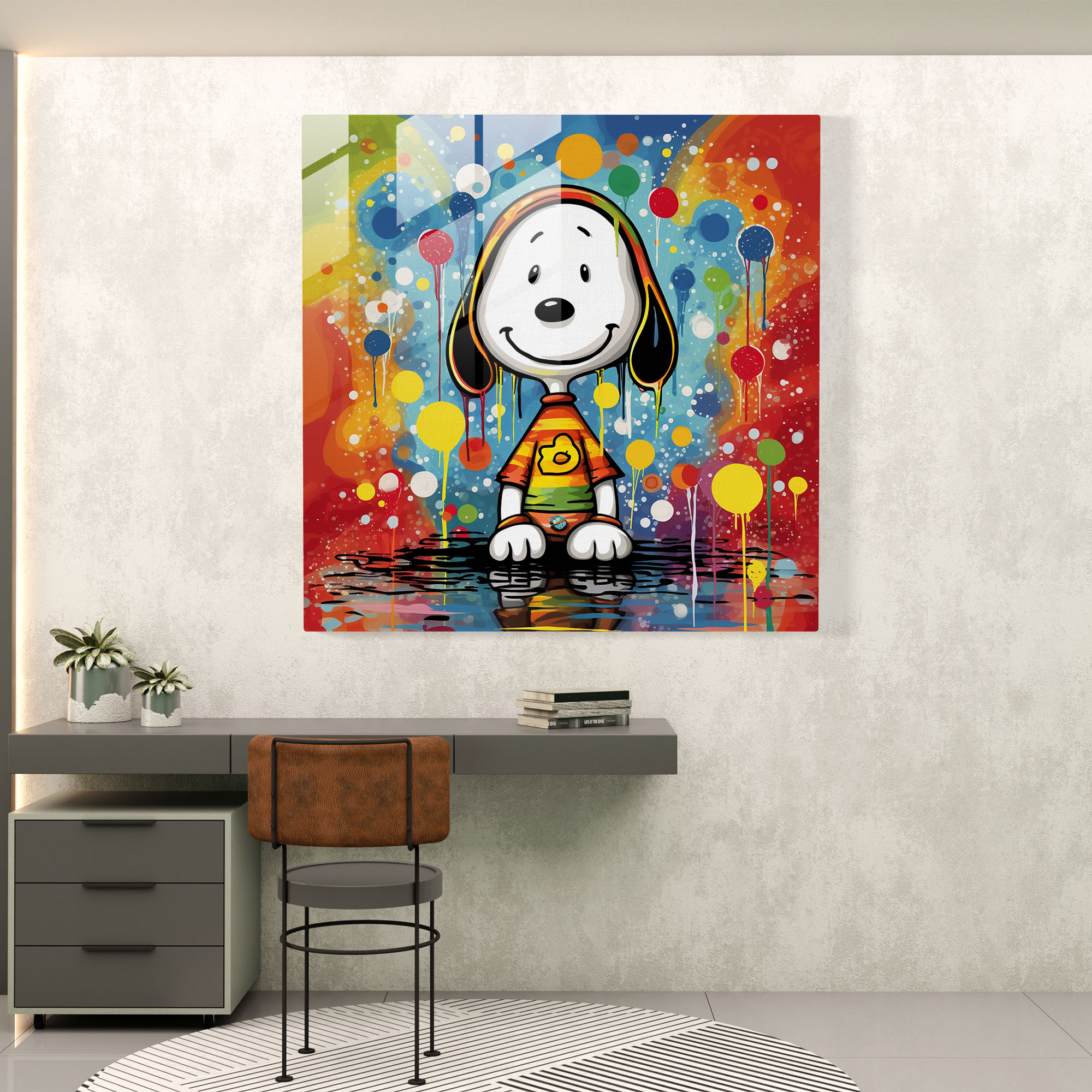 Snoopy Contemporary Graphic Glass Print - Snoopy, Wall Decoration, Home Decoration, Colorful Patterns