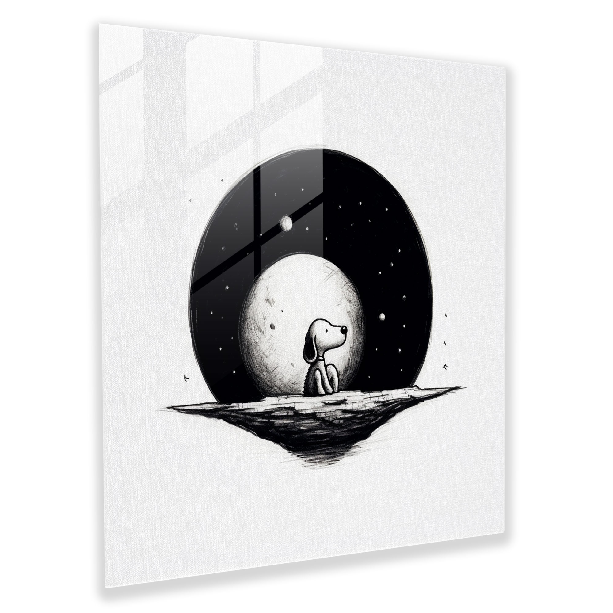 Snoopy Minimalist Black And White Glass Wall Art - Snoopy, Home Decoration, Black And White Sketch, Glass Print