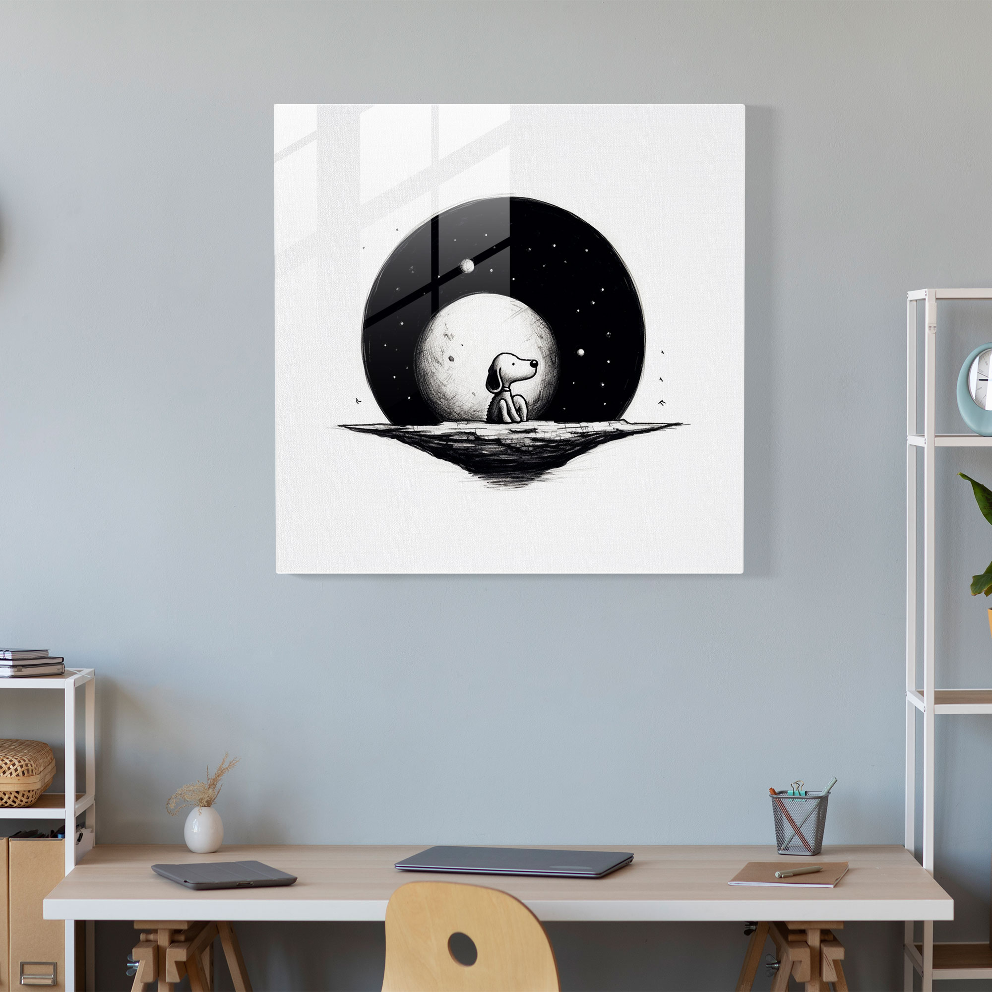 Snoopy Minimalist Black And White Glass Wall Art - Snoopy, Home Decoration, Black And White Sketch, Glass Print