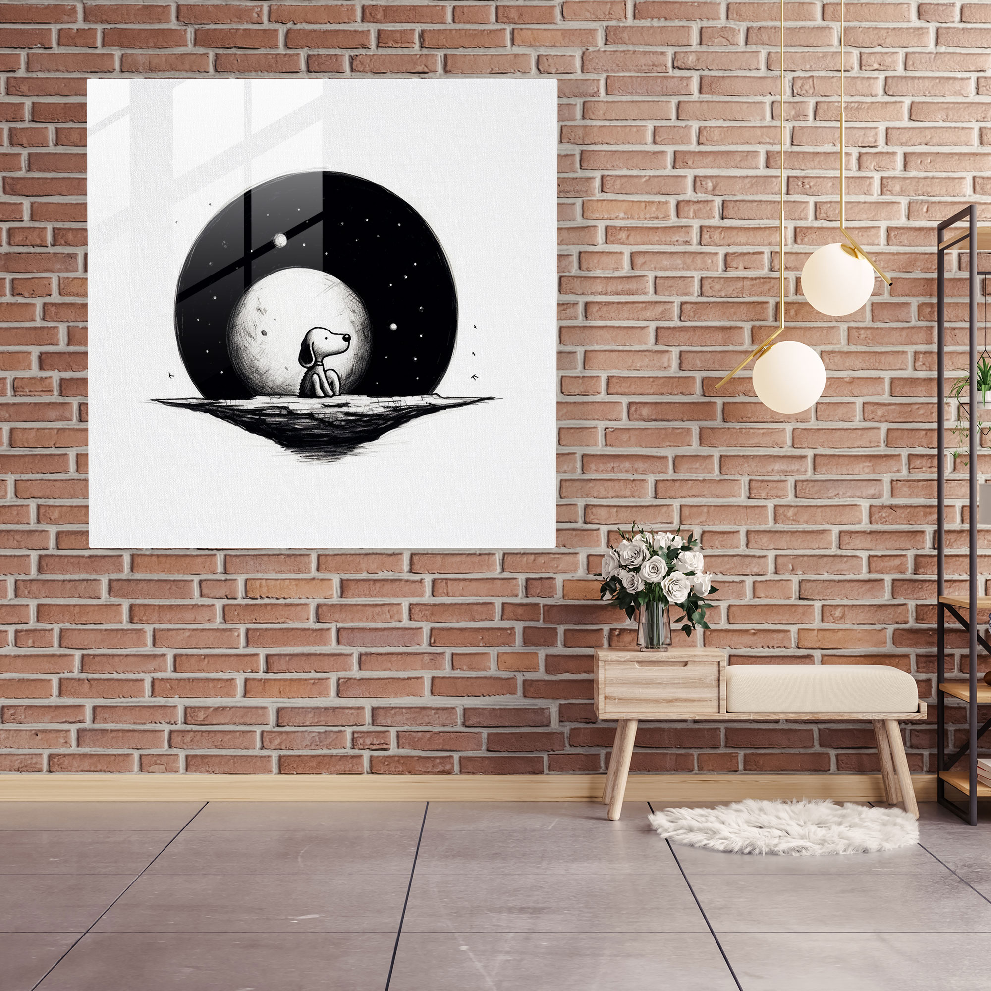 Snoopy Minimalist Black And White Glass Wall Art - Snoopy, Home Decoration, Black And White Sketch, Glass Print
