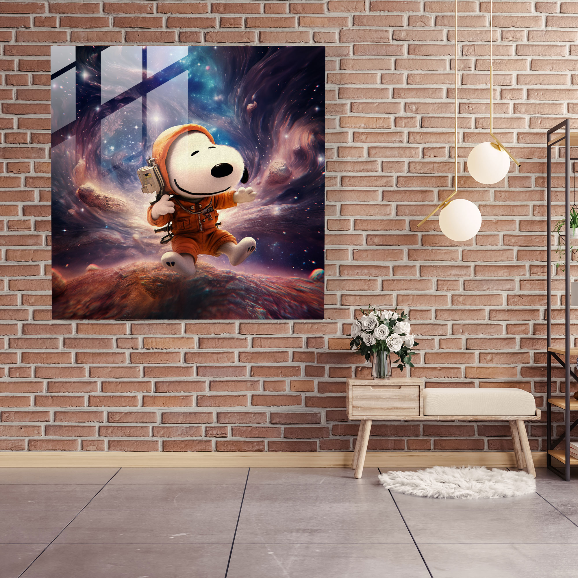 Snoopy Dreamy Galaxy Glass Wall Art - Snoopy, Dreamy Galaxy, Surreal Digital Artwork, Glass Print