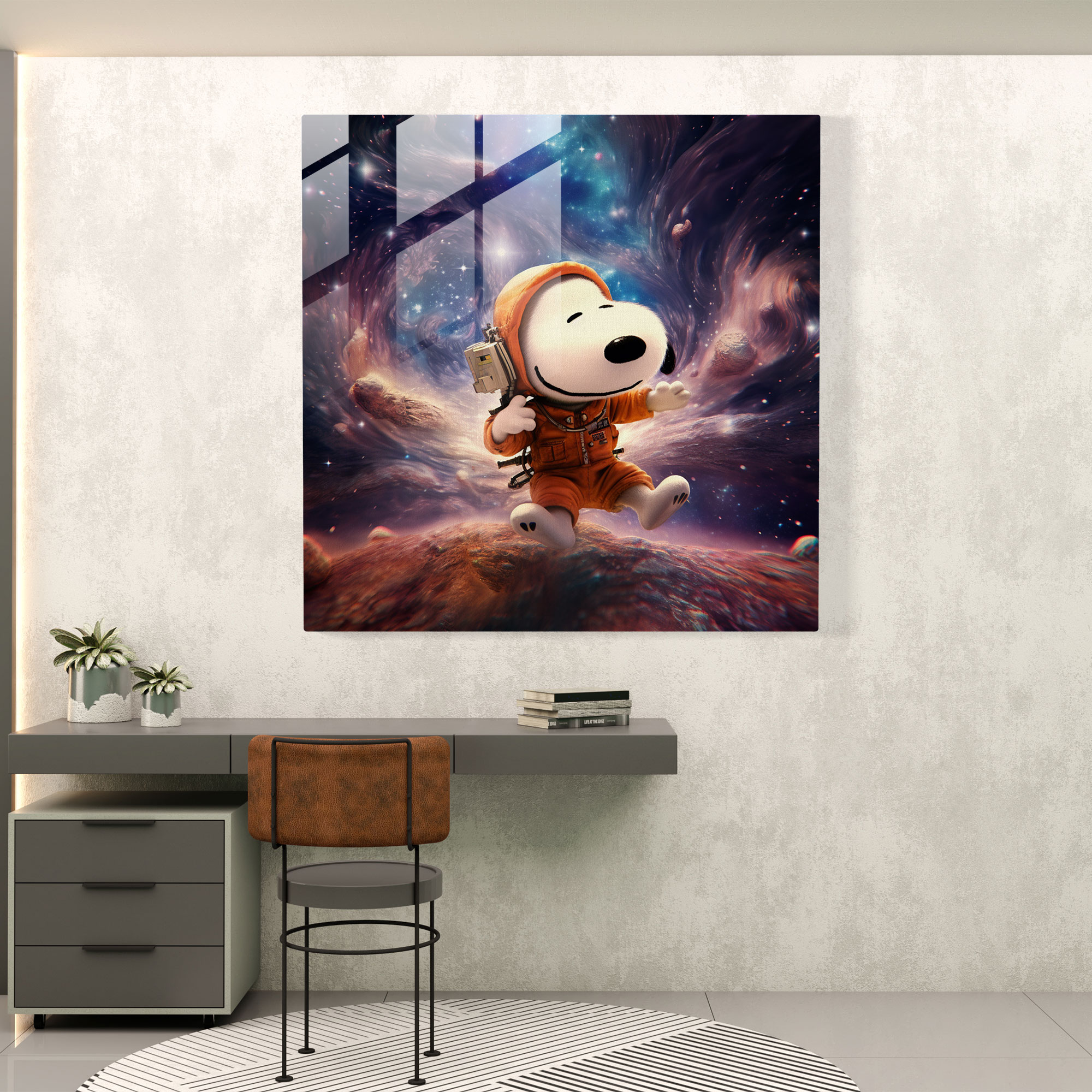 Snoopy Dreamy Galaxy Glass Wall Art - Snoopy, Dreamy Galaxy, Surreal Digital Artwork, Glass Print