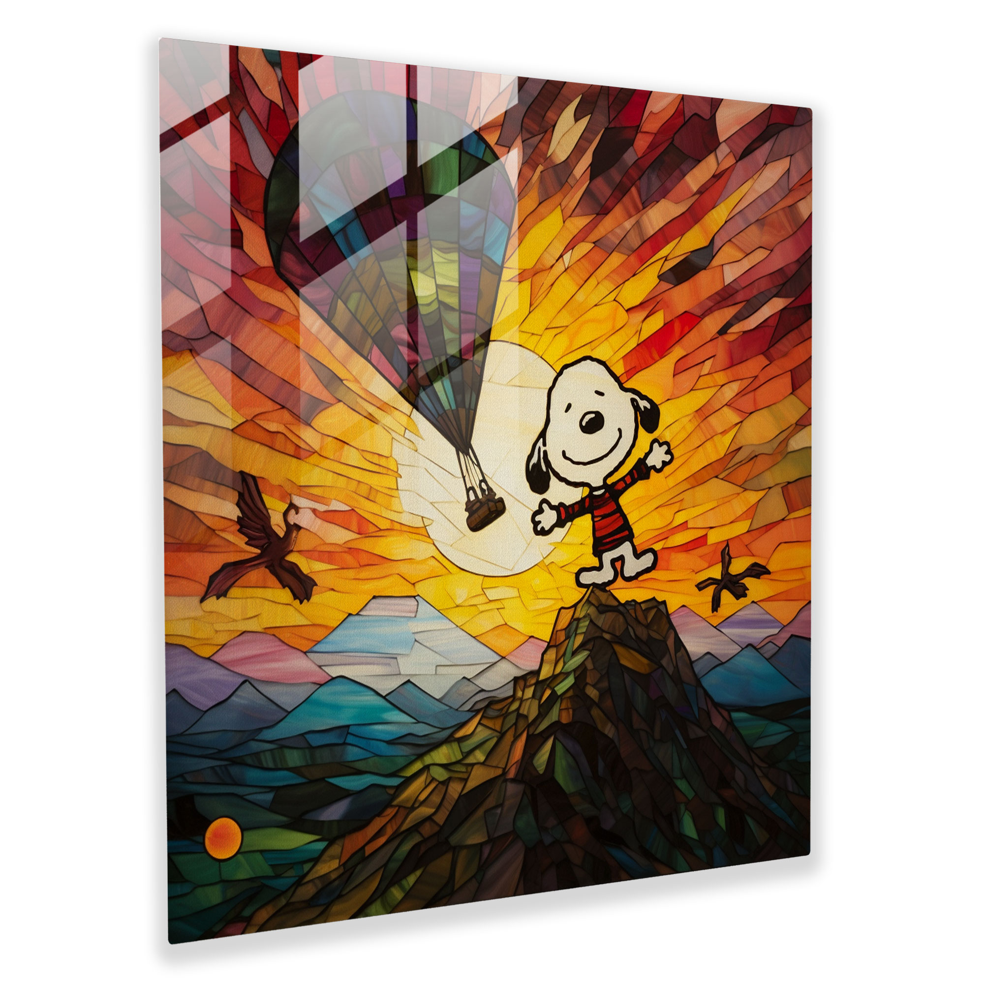 Snoopy Sunset Stained Glass Art - Snoopy, Sunset Sky, Stained Glass, Glass Print