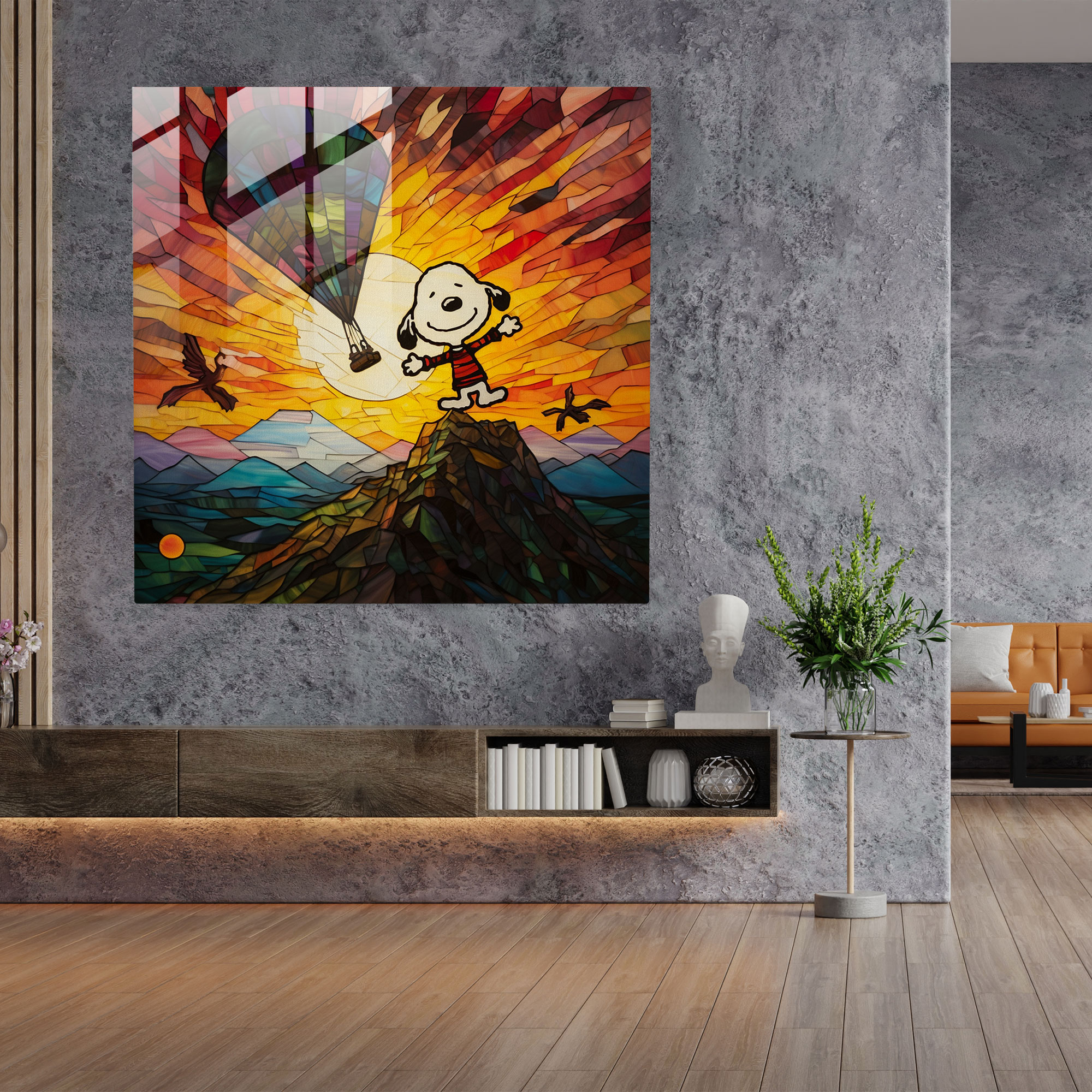 Snoopy Sunset Stained Glass Art - Snoopy, Sunset Sky, Stained Glass, Glass Print