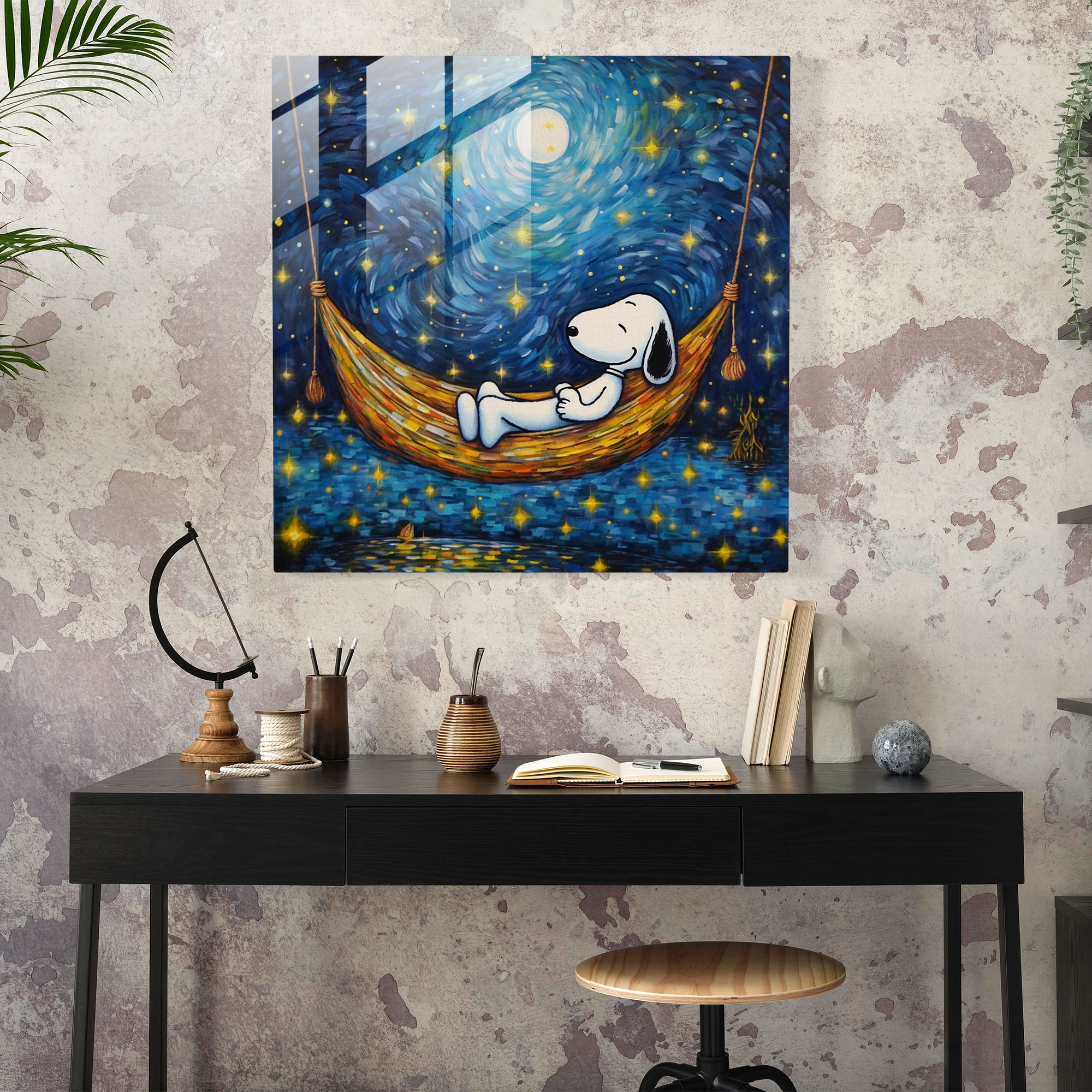 Snoopy Starry Night Glass Print - Snoopy, Glass Print, Tranquility, Peace