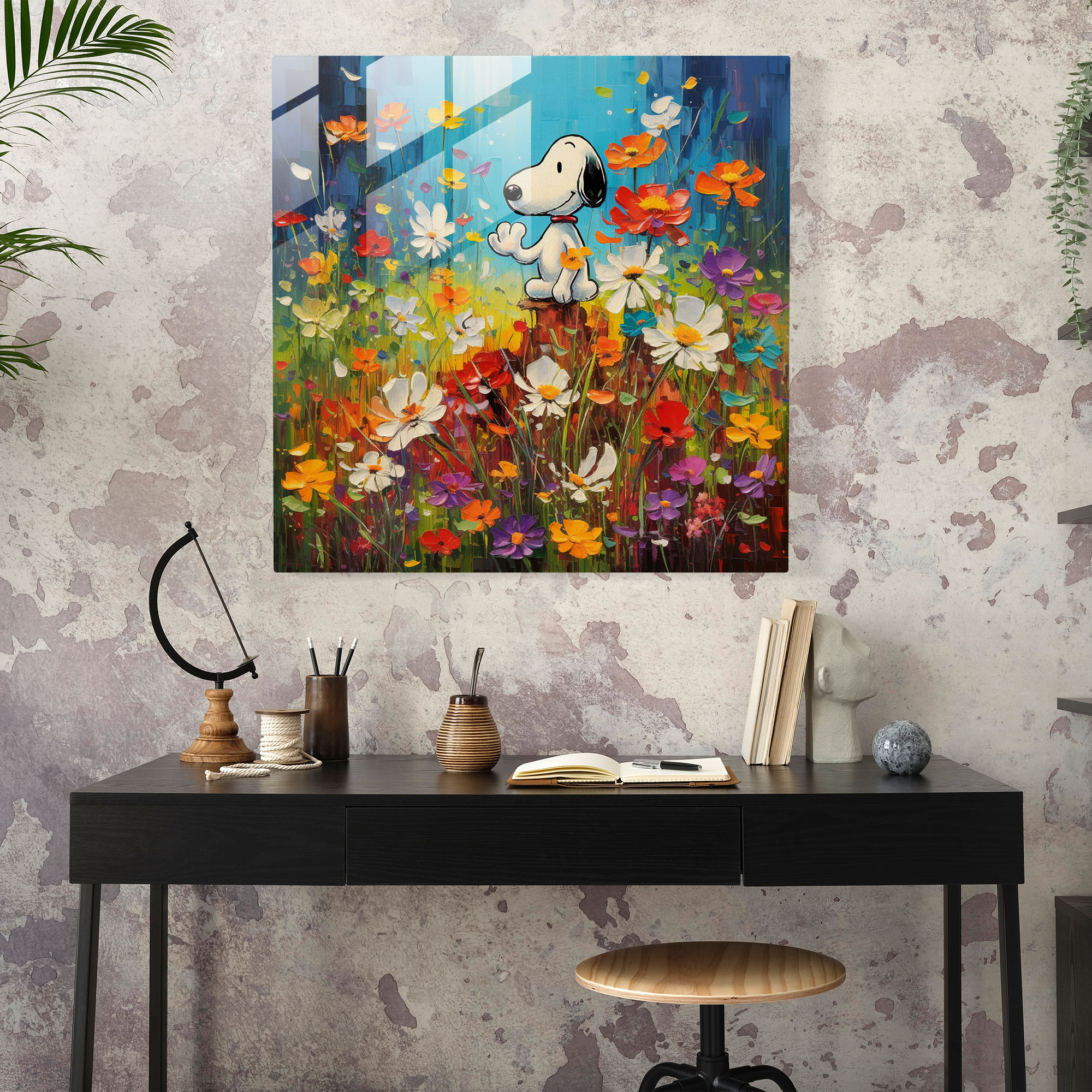 Snoopy Meadow Glass Wall Art - Snoopy, Wall Decoration, Contemporary, Glass Wall Art