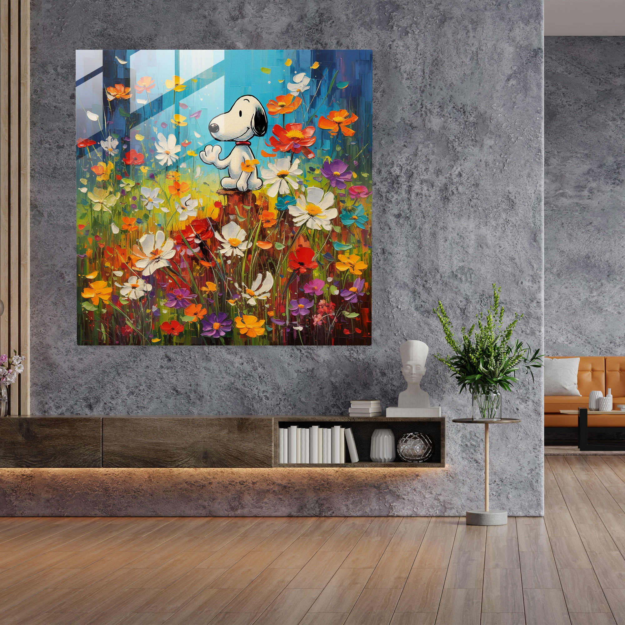 Snoopy Meadow Glass Wall Art - Snoopy, Wall Decoration, Contemporary, Glass Wall Art