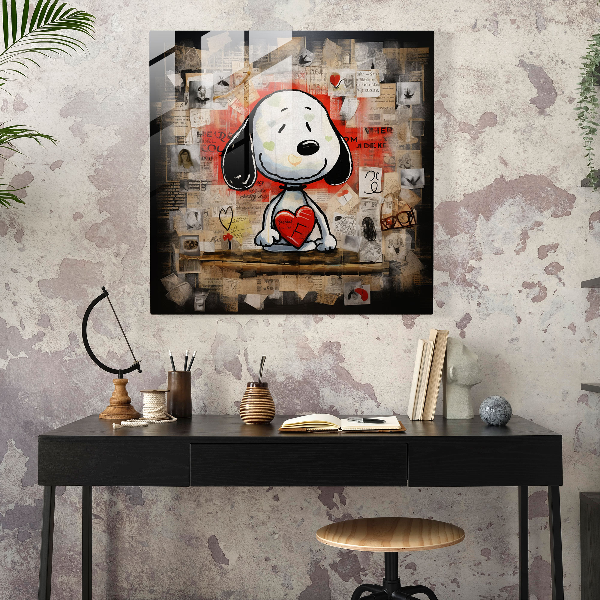 Snoopy Love Collage Glass Print - Snoopy, Wall Decoration, Home Decoration, Friendship