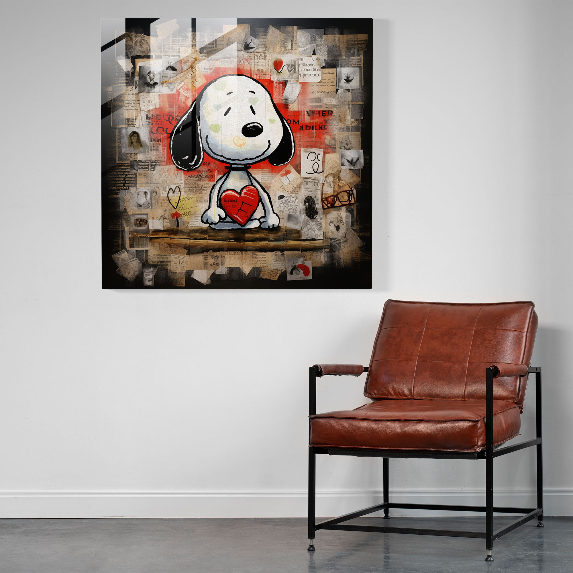 Snoopy Love Collage Glass Print - Snoopy, Wall Decoration, Home Decoration, Friendship