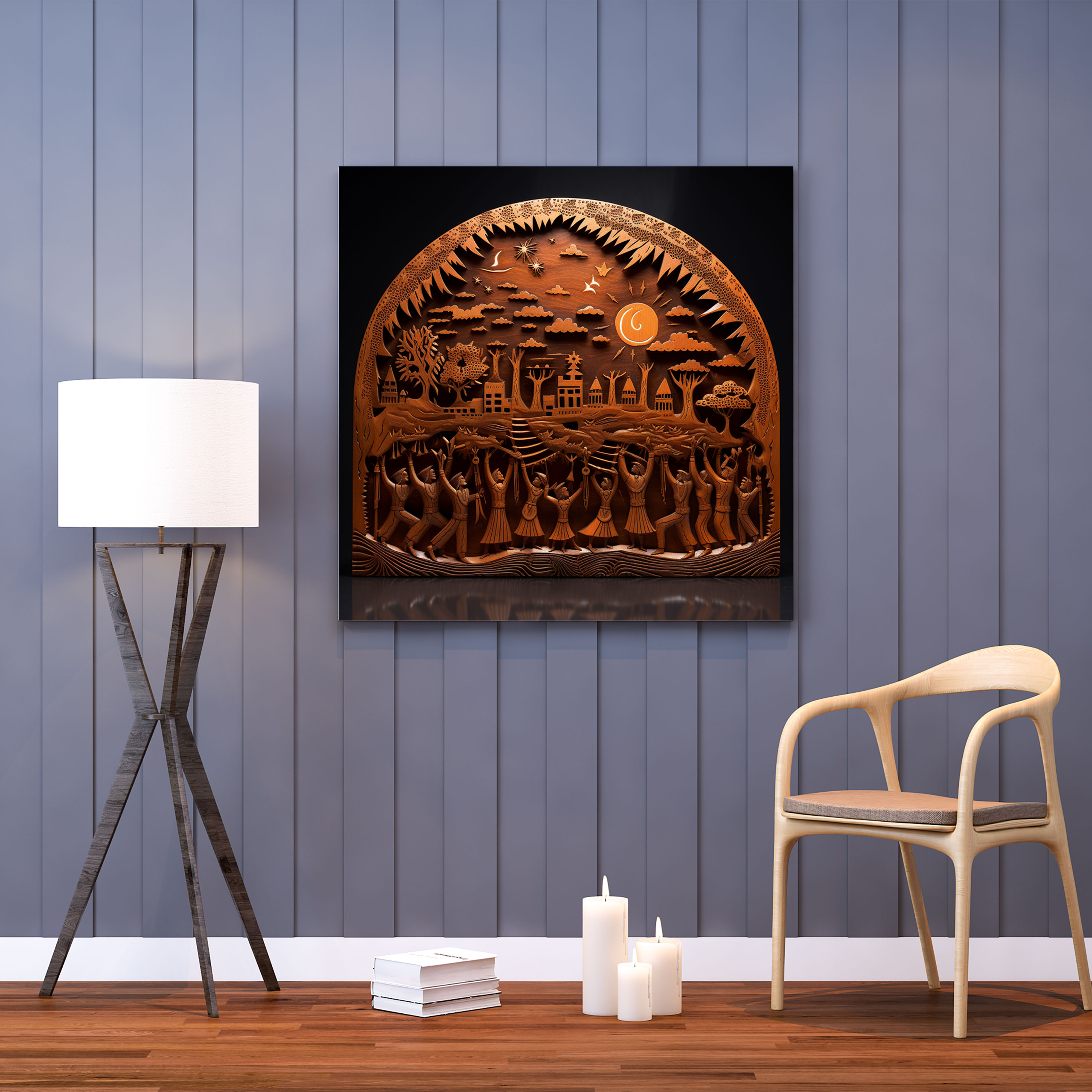 Southwest Starry Sky Wall Art - Southwest, Carved Wood, Native Dancing Ceremony, Wooden Wall Art