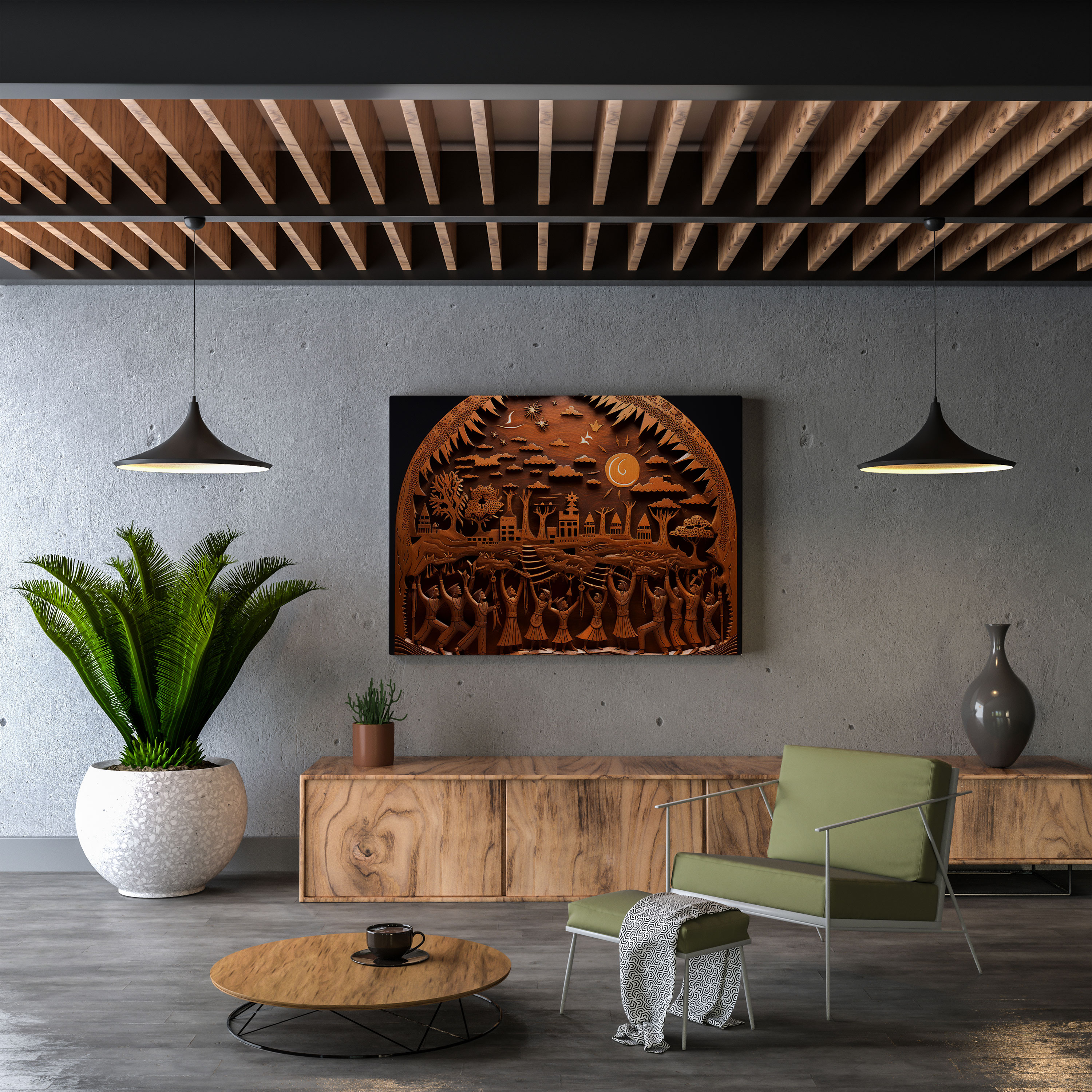 Southwest Starry Sky Wall Art - Southwest, Carved Wood, Native Dancing Ceremony, Wooden Wall Art