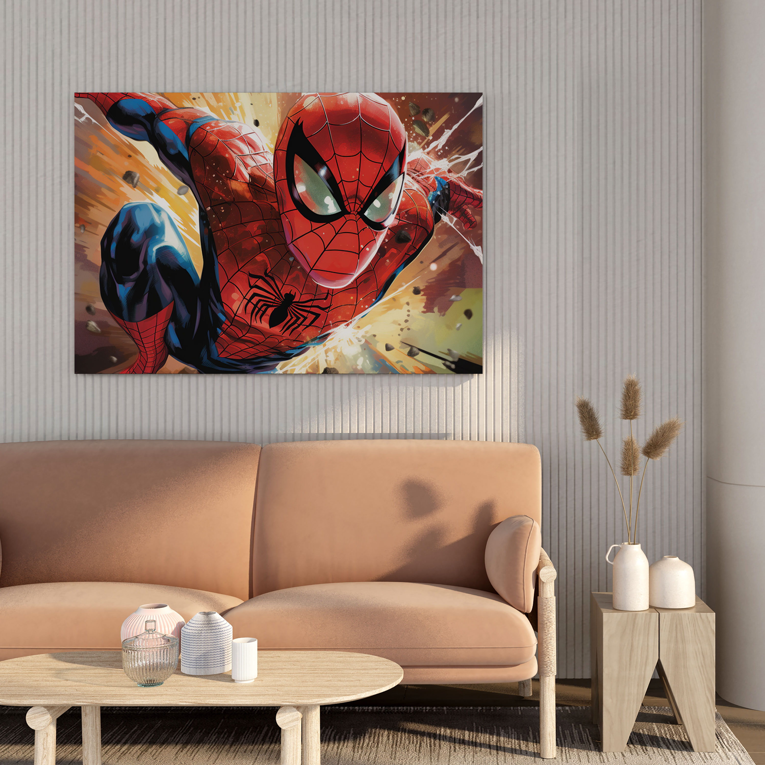 Spiderman Canvas Print - Comic Book Style Wall Art - Spiderman, Mid-Action Pose, Home Decoration, Speech Bubbles