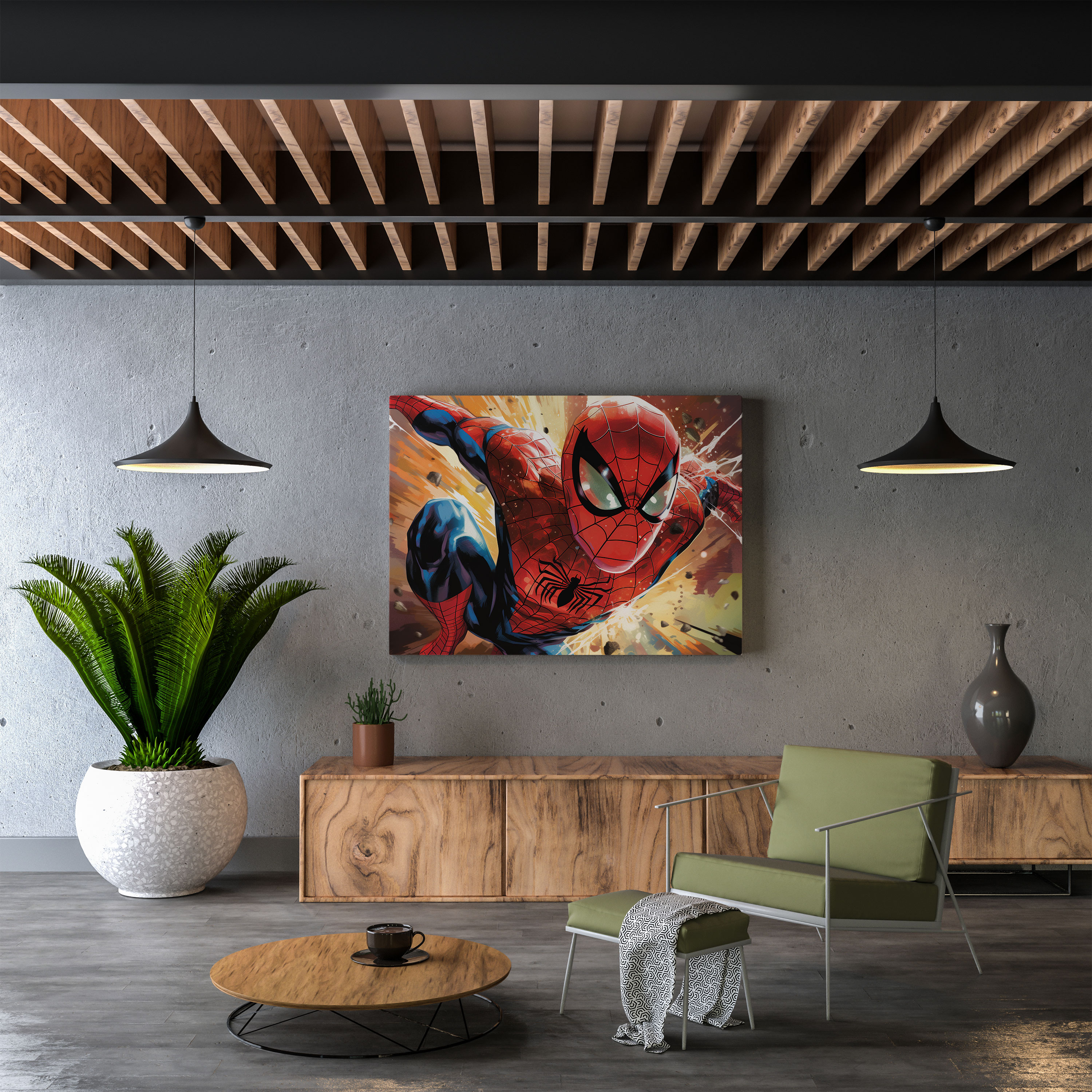 Spiderman Canvas Print - Comic Book Style Wall Art - Spiderman, Mid-Action Pose, Home Decoration, Speech Bubbles