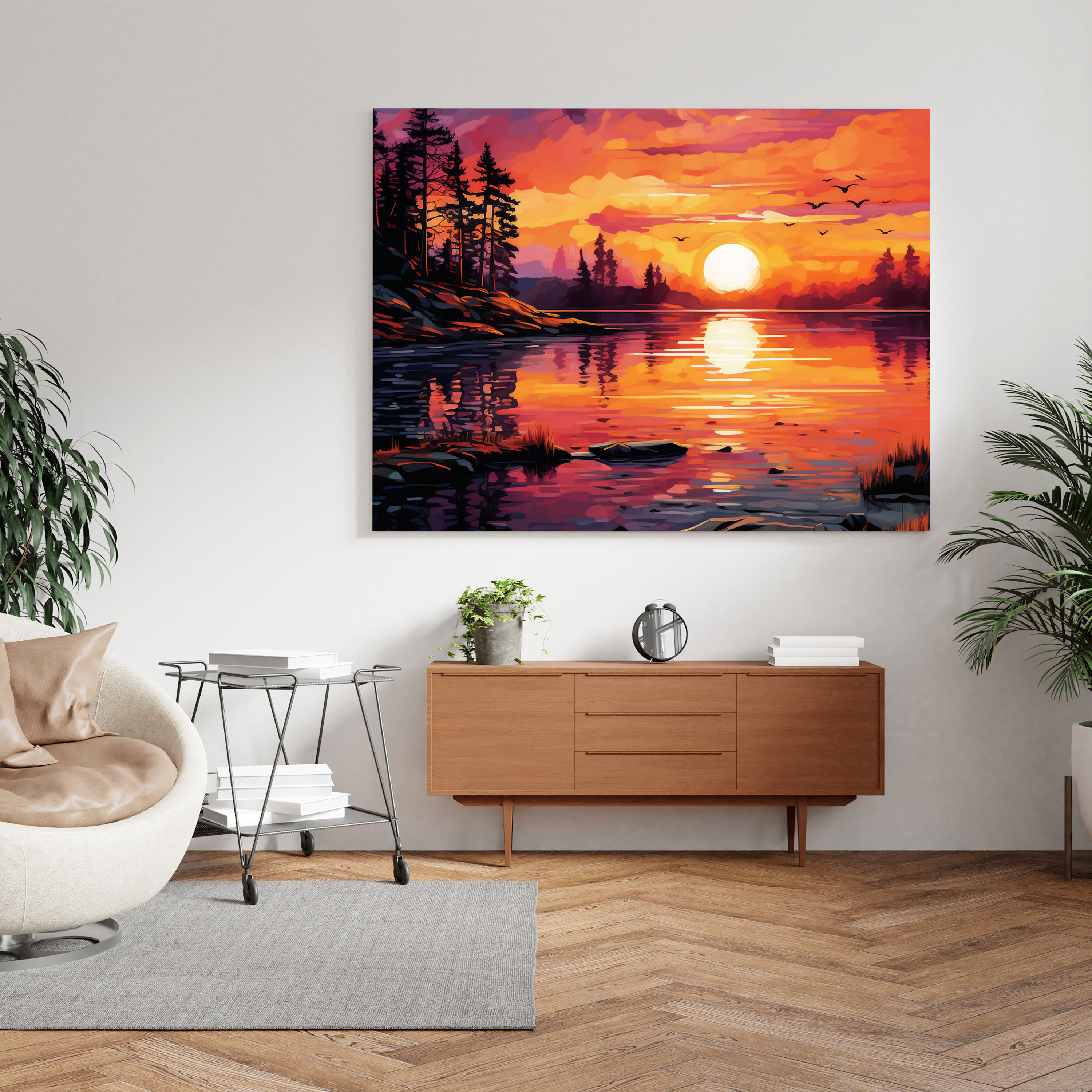 Spiritual Wall Art: Serene Sunrise - Spiritual, Vibrant Hues, Wall Decoration, Peaceful Lake