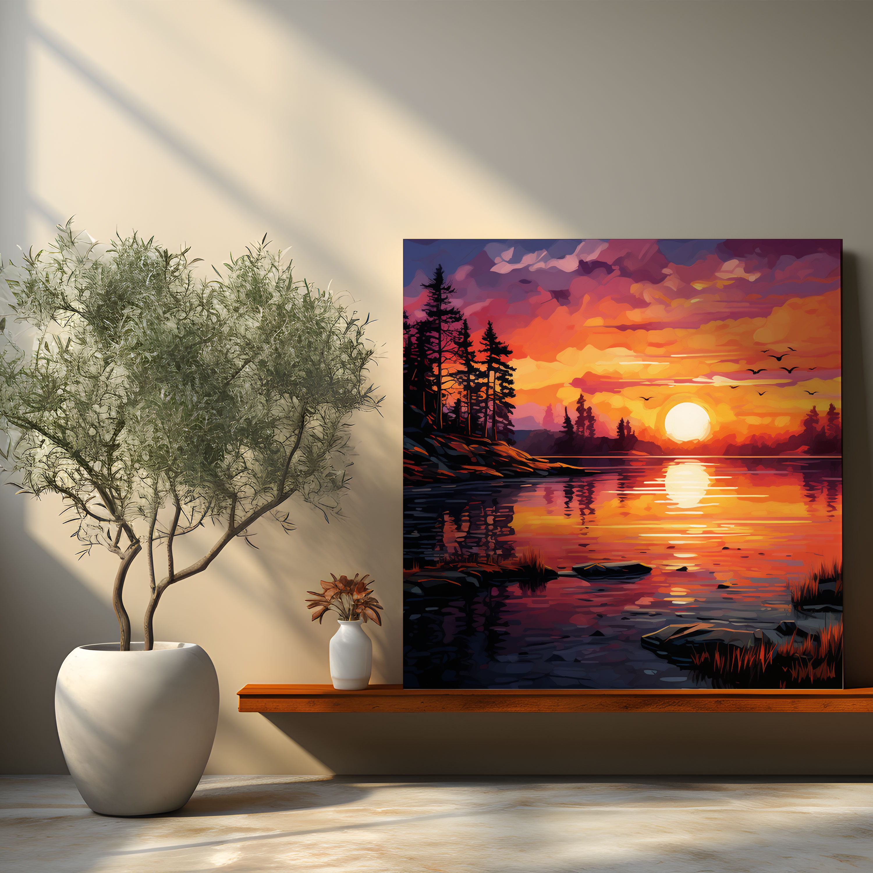 Spiritual Wall Art: Serene Sunrise - Spiritual, Vibrant Hues, Wall Decoration, Peaceful Lake