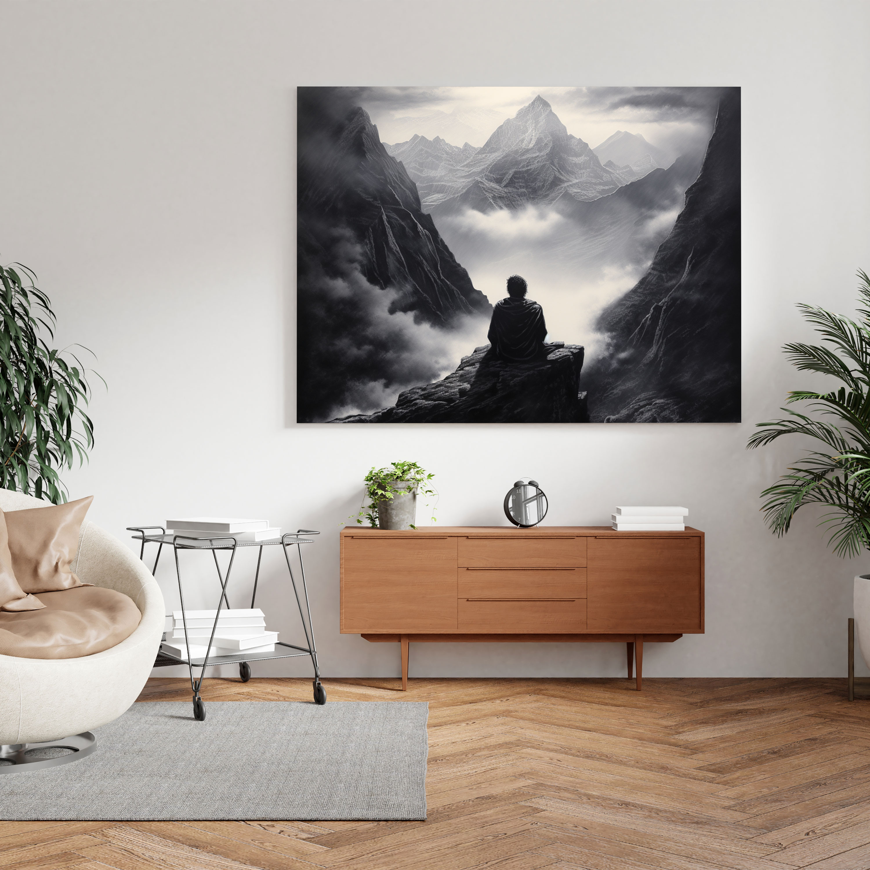Dağ Meditasyonları Kanvas Tablo - Manevi Meditasyon Yapan Figür Dağ Zirvesi