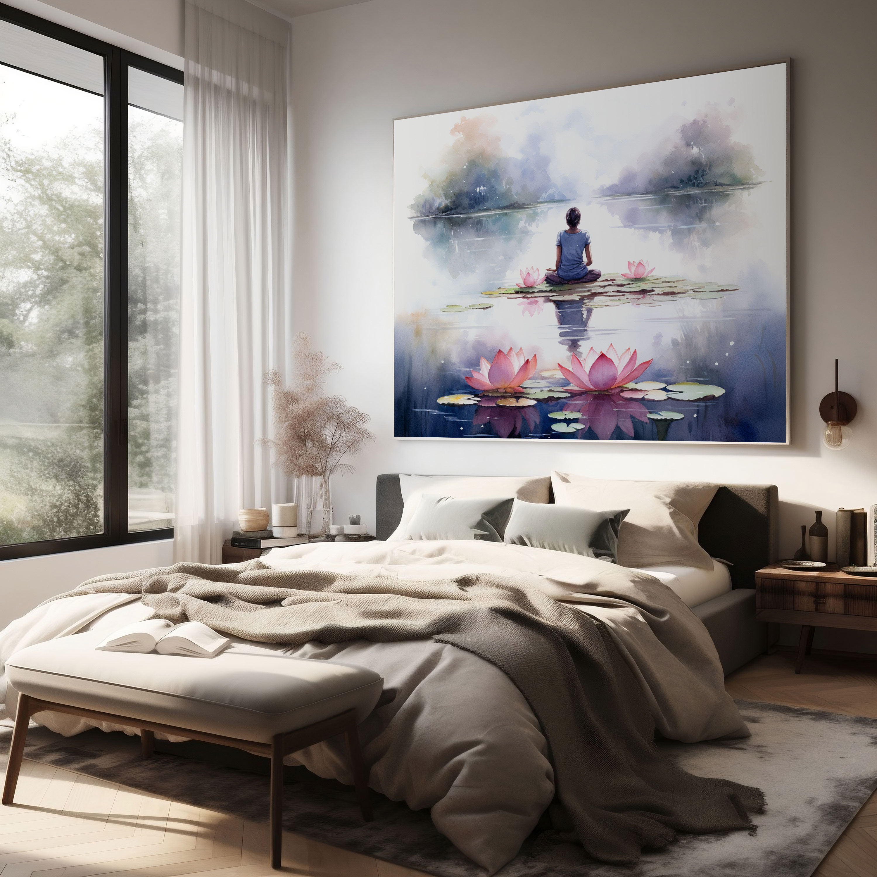 Spiritual Wall Art - Watercolor Meditation Scene Canvas Print - Spiritual, Wall Decoration, Spiritual, Lotus Flower